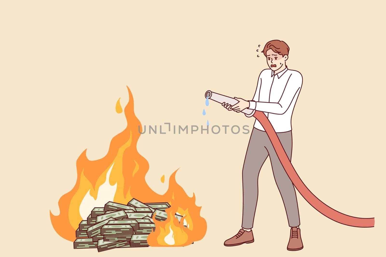Business man is trying to escape from bankruptcy and put out burning money with fire hose. Concept of loss of savings due to crisis and mismanagement of investment portfolio leads to bankruptcy