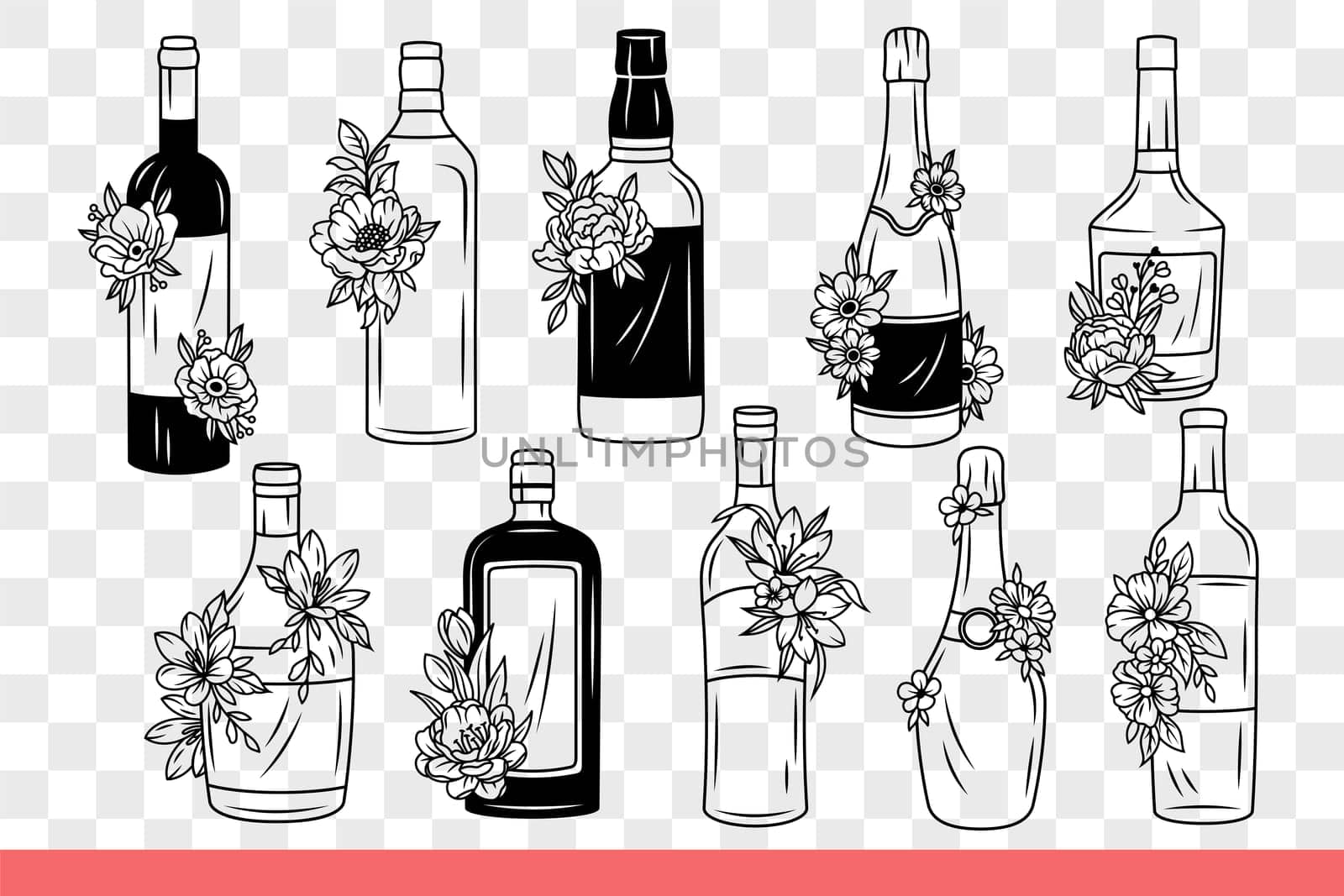 Bottles of alcohol from restaurant bar with wine list are decorated with flower buds. Bottles for vodka and cognac or beer and tequila for party in honor of spring holidays. Hand drawn doodle
