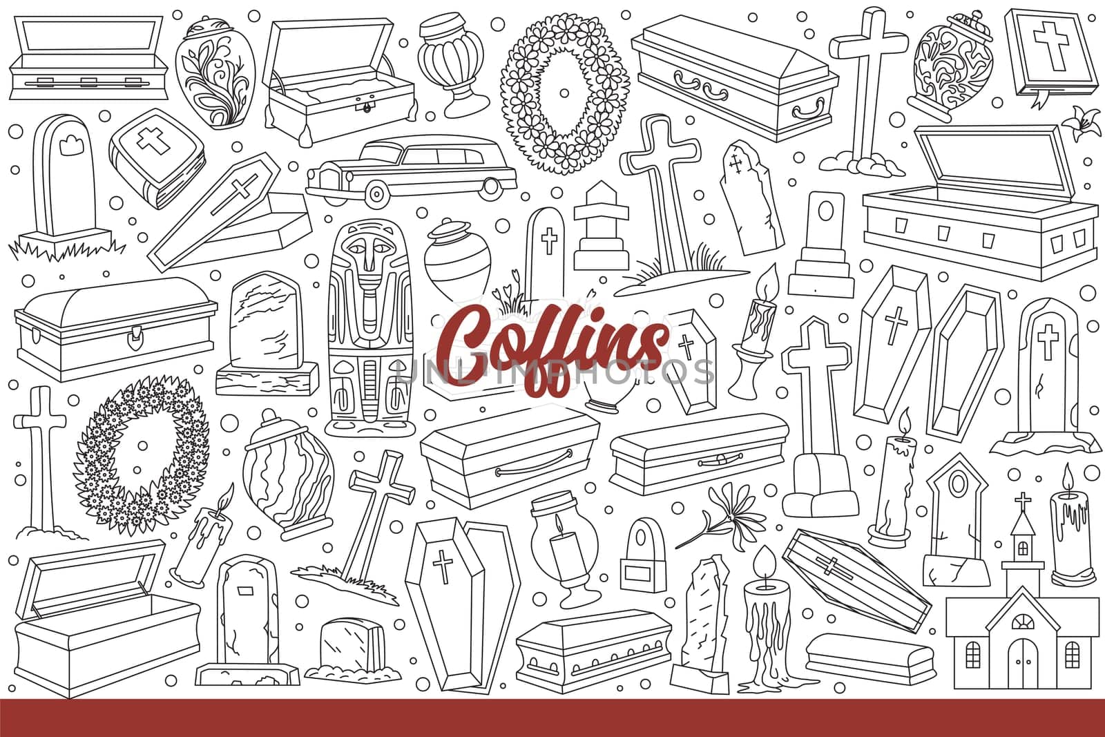 Coffins for funeral of deceased near tombstones and vases for ashes of criminated person. Coffins for ritual processions with wreaths and candles for religious ceremonies. Hand drawn doodle