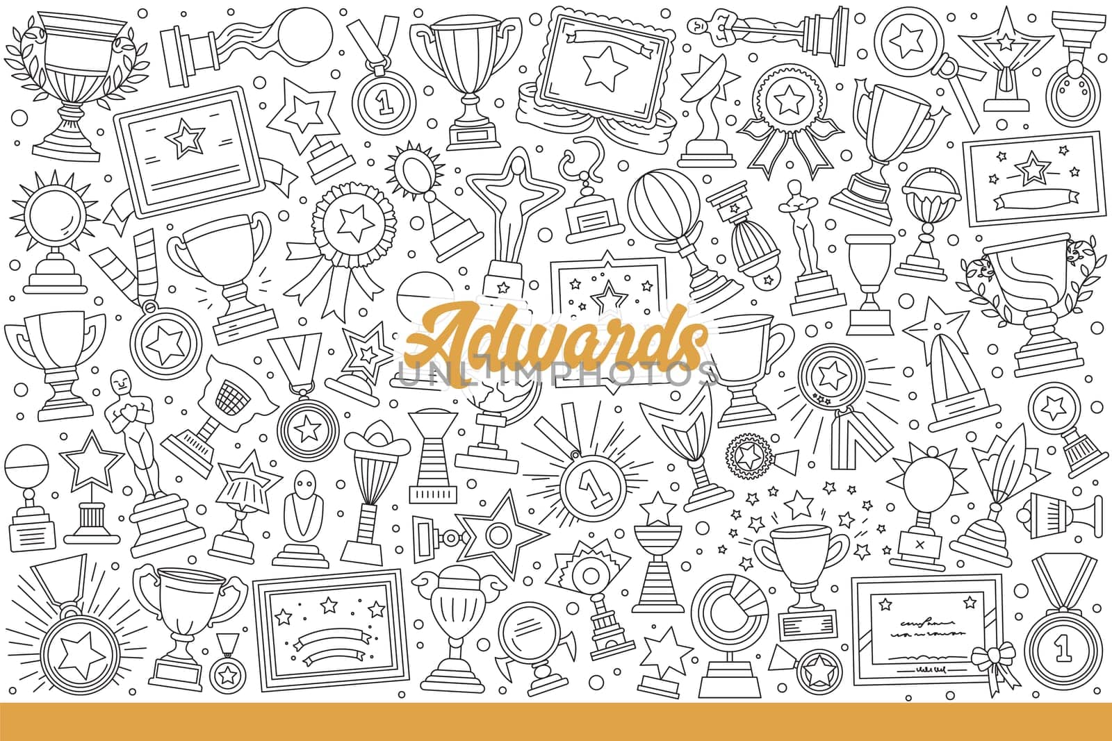 Awards and trophies of various types to reward winners or motivate achievements. Awards for tournaments in form of medals and cups or statuettes and certificates. Hand drawn doodle