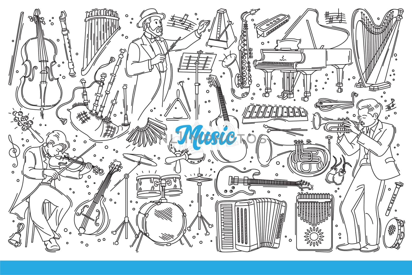 Musical instruments for performing orchestral music with classical compositions. Conductor and musicians near guitars and violins or drums for performing music at concerts. Hand drawn doodle