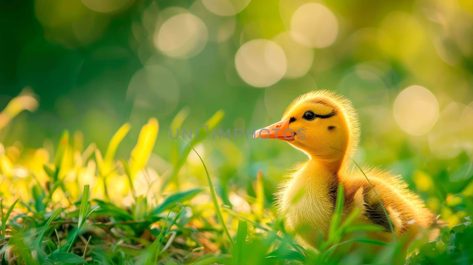 Little yellow duckling sitting on a green grass, close-up view. AI generated