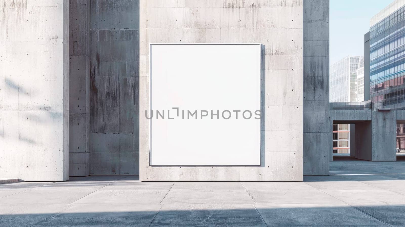 Brutalist architecture with white poster mockup on a modern building wall. AI generated