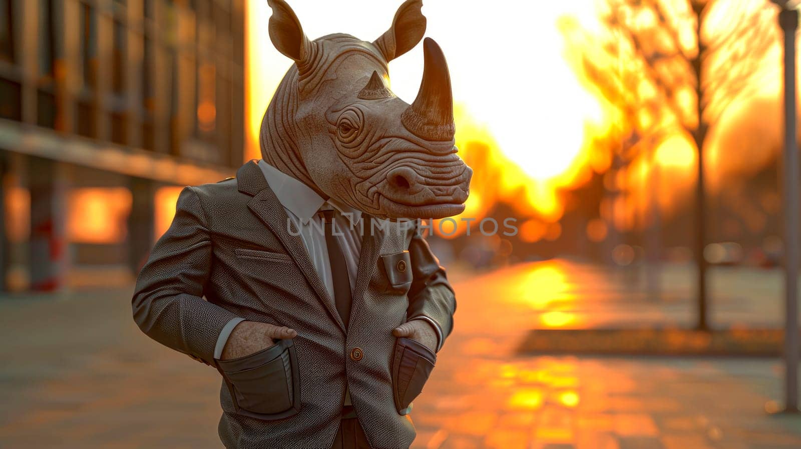 A rhinoceros wearing a business suit, holding his hands in a pockets and standing on empty square of city center at sunset. AI generated
