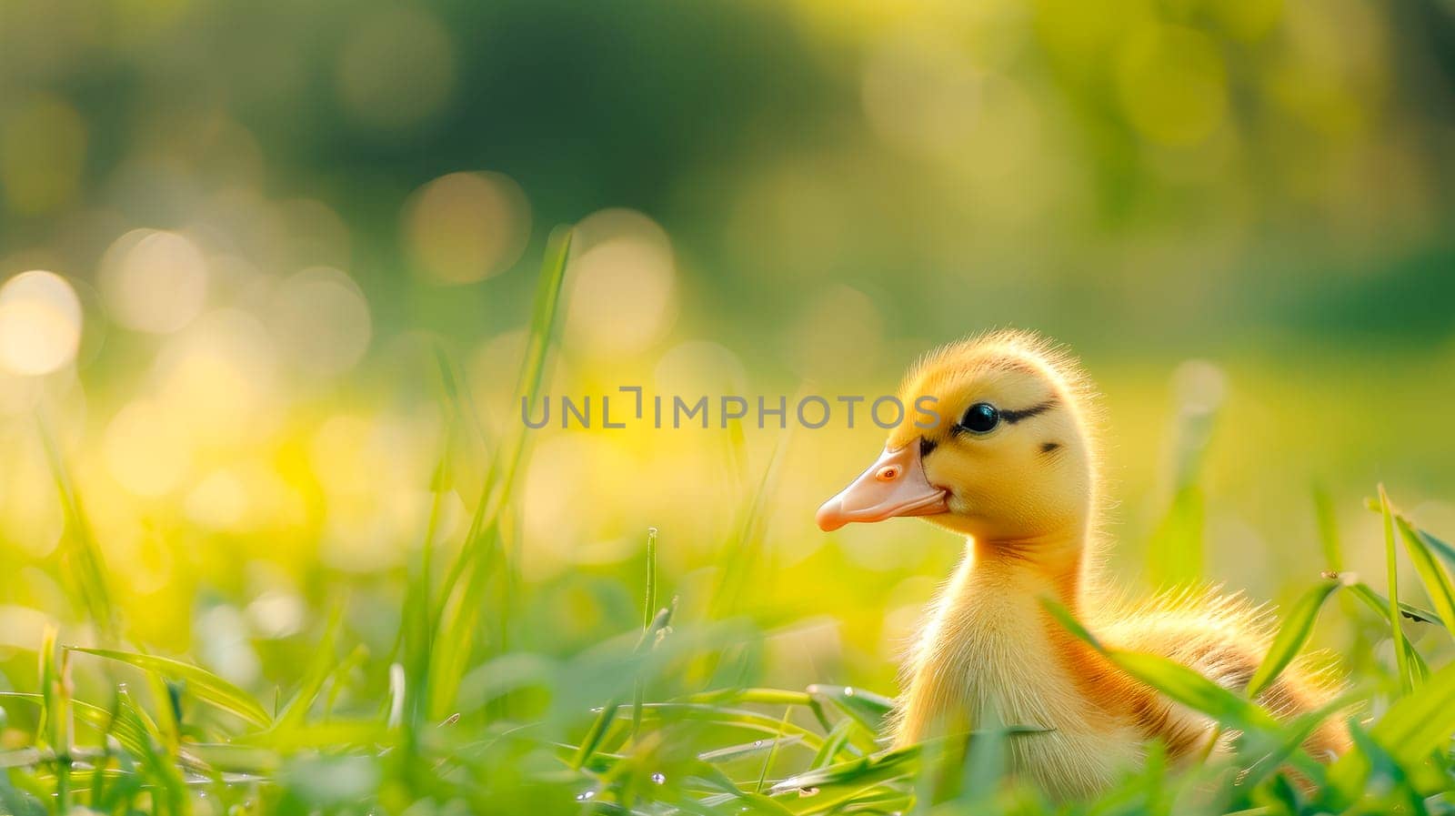 Little yellow duckling sitting on backyard on a green grass. AI generated