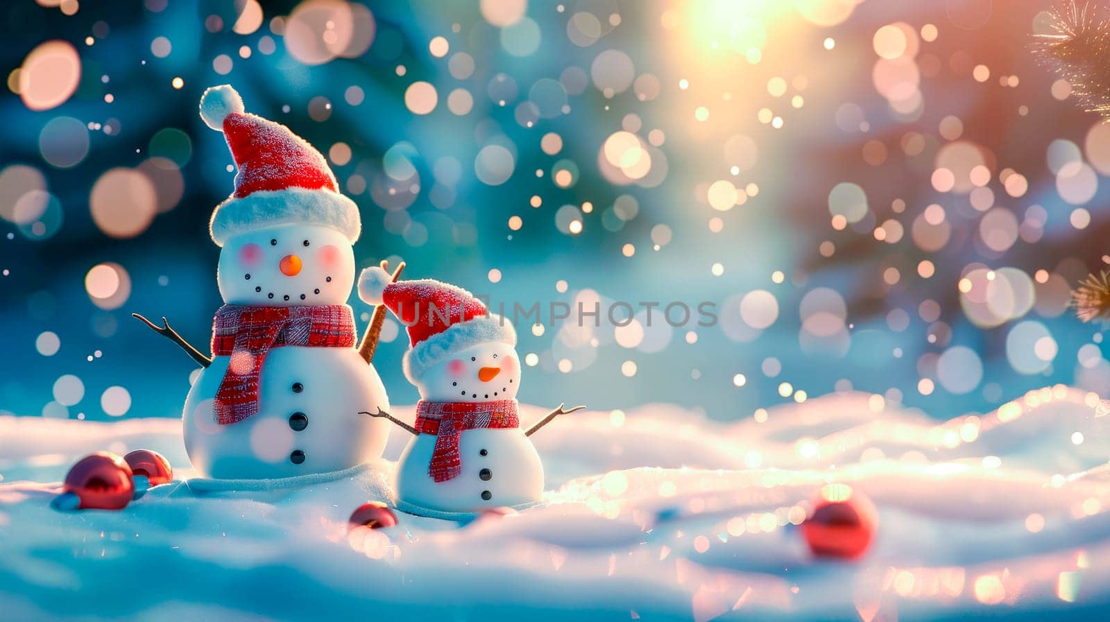 Happy winter snowmen family in the snow. AI generated