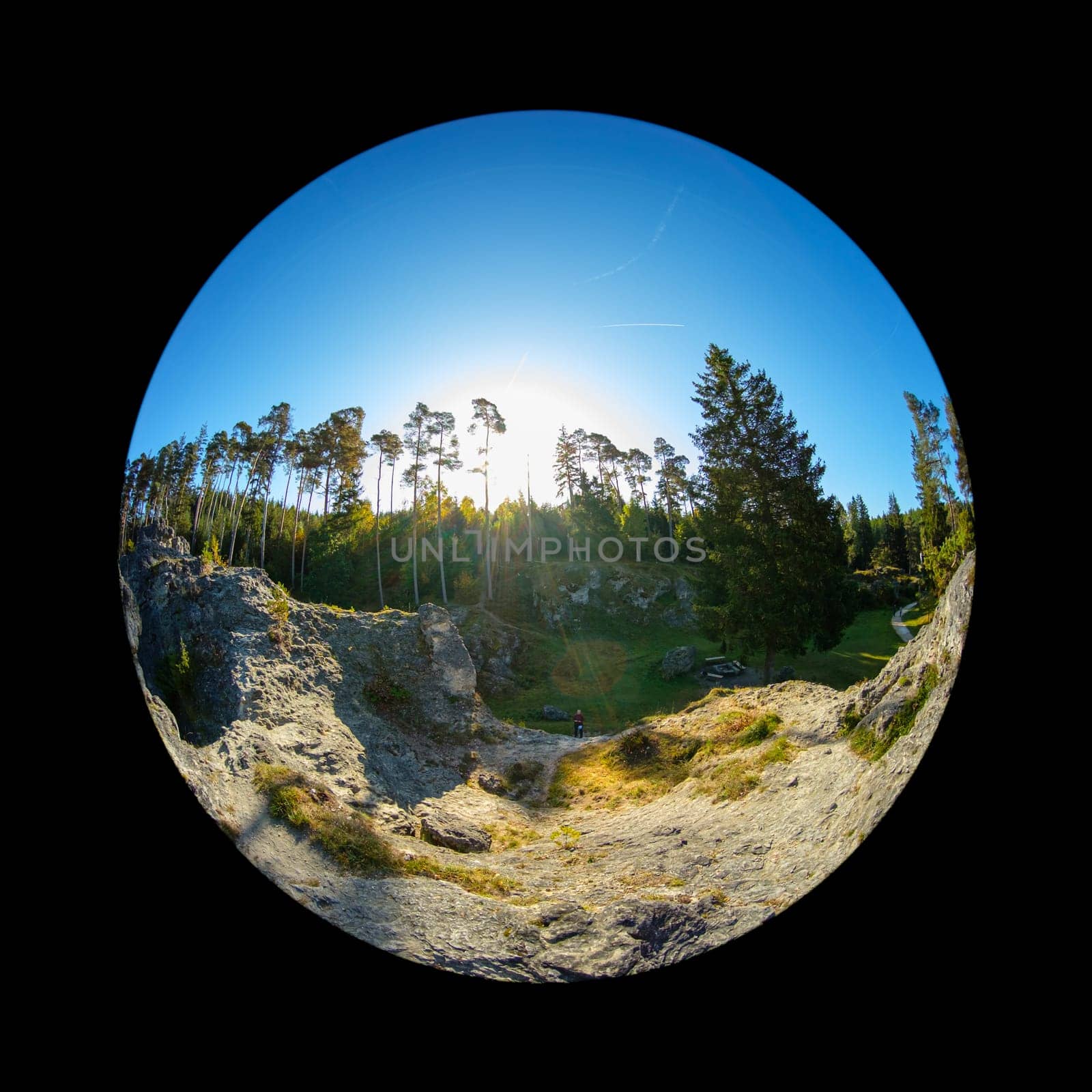 German rock formation Wental with pine trees and blue sky landscape with fish-eye distortion