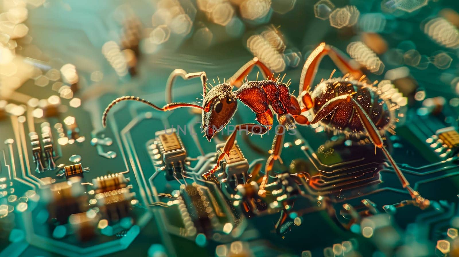 An ant on a computer motherboard, highlighting the interconnectedness of technology and nature. AI generated