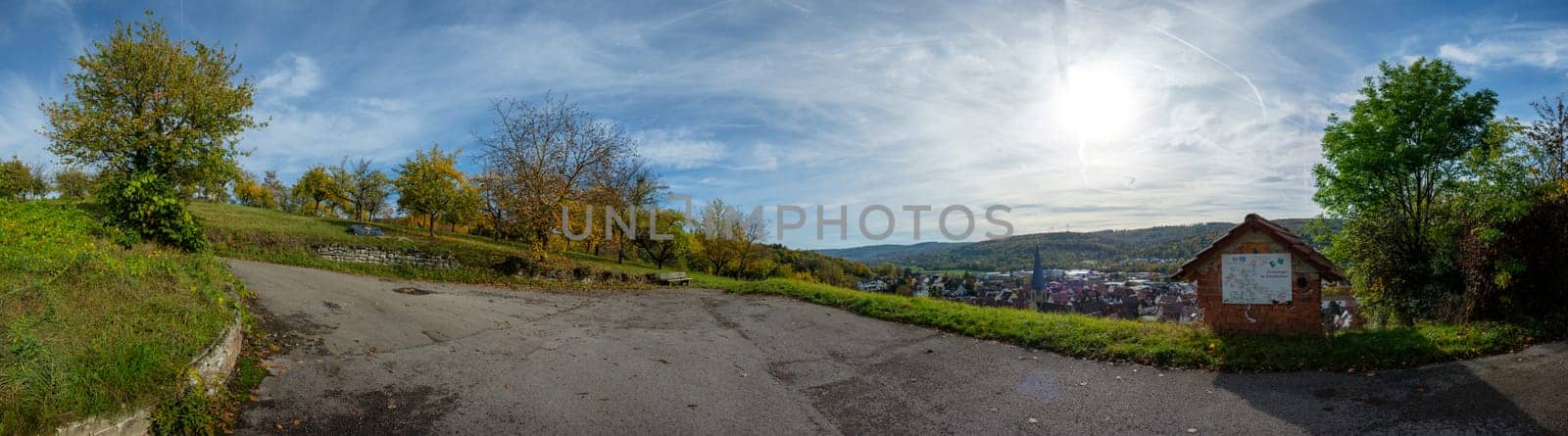 Panoramic landscape with road meadow and fruit trees orchard