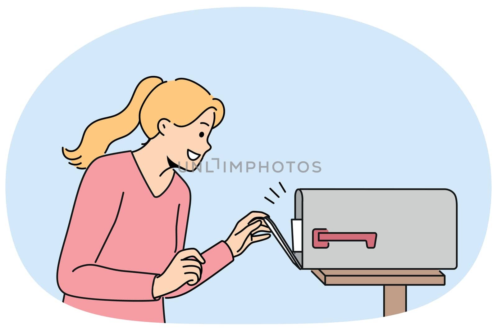 Woman with smile opens street mailbox with letters and rejoices in receiving correspondence or long-term contract. Happy girl near mailbox for important letters for friends and family