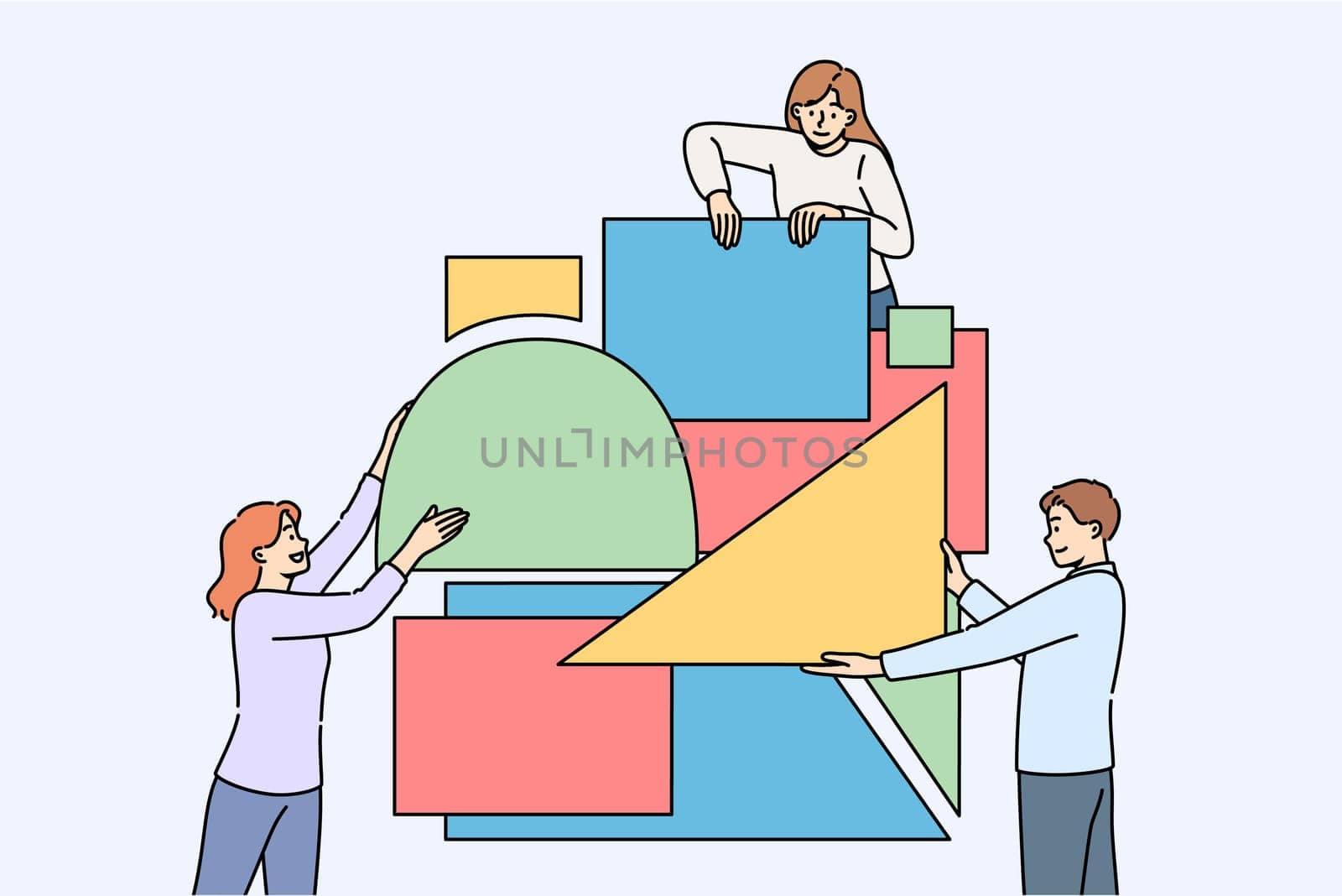 Business people put together puzzle in attempt to build reliable company that brings good profits. Students solve puzzle demonstrating teamwork and synergy increasing chances of success