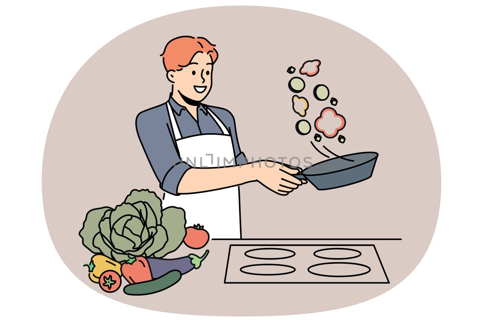 Man cook stands at stove and prepares romantic dinner of fried vegetables for beloved woman. Chef cook guy throws food on pan demonstrating skills of professional culinary specialist