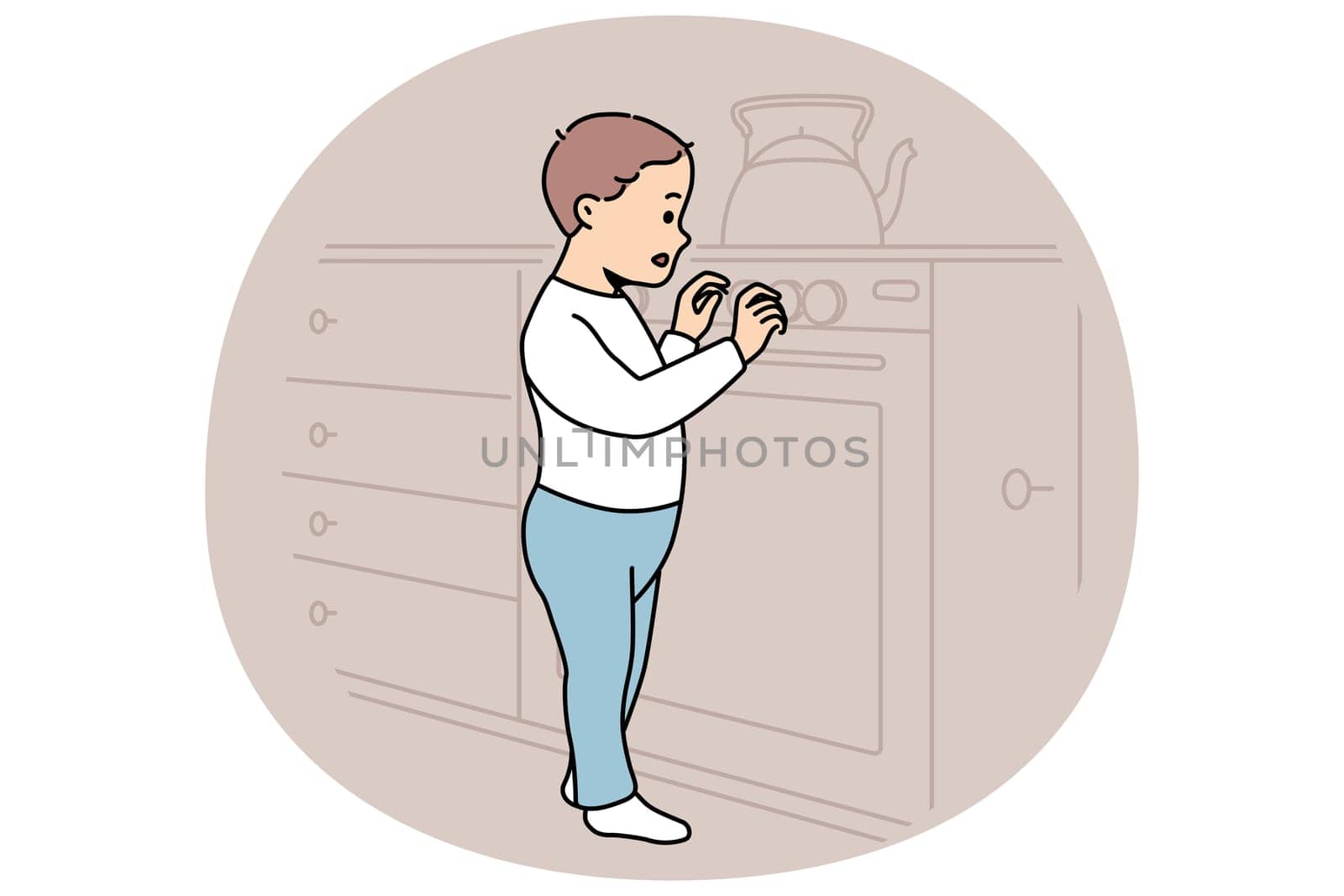 Little boy plays with gas stove and touches dangerous kitchen equipment while parents are away. Curious child toddler studies stove with interest and needs supervision to avoid accident