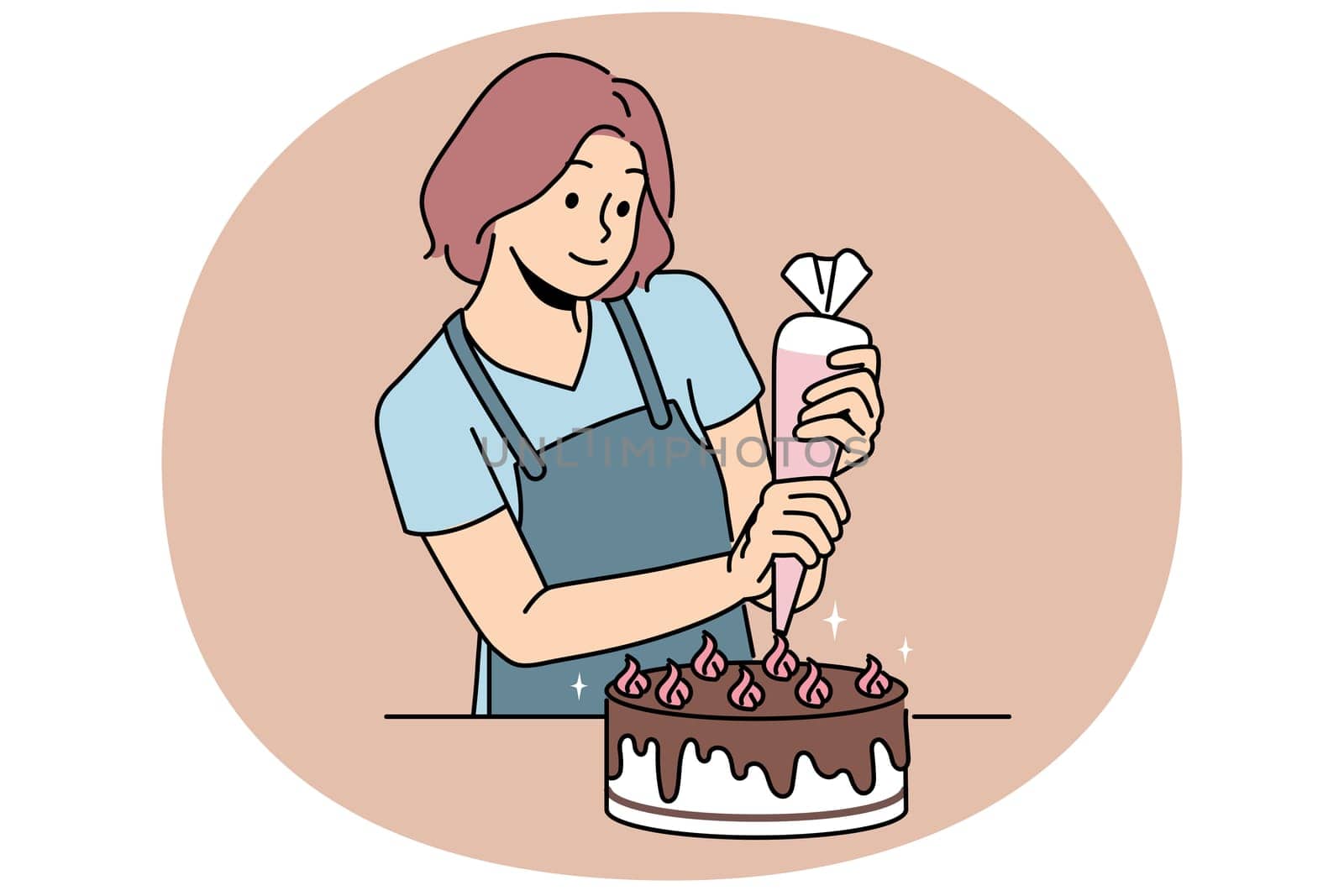 Woman confectioner prepares delicious cake for birthday party and decorates dessert with chocolate and butter cream. Young girl uses pastry bag to prepare sweet cake for festive table.