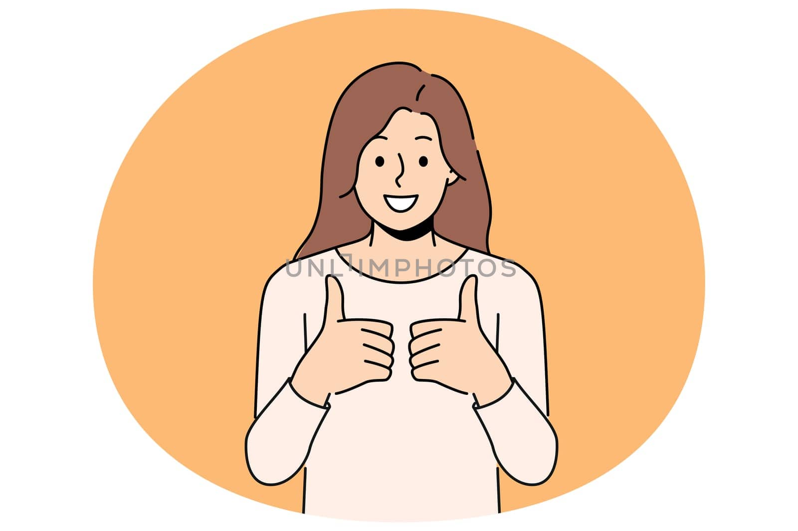 Woman with smile gives two thumbs up in agreement with your proposed course of action. Young girl with smile gives thumbs up approving advertised product or giving high rating to services of tutor