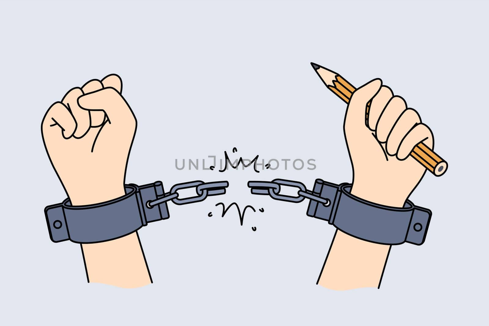Hands of handcuffed reporter at moment of liberation, holding pencil to write honest investigative journalism. Liberation of man from shackles, as metaphor for emergence of free mass media
