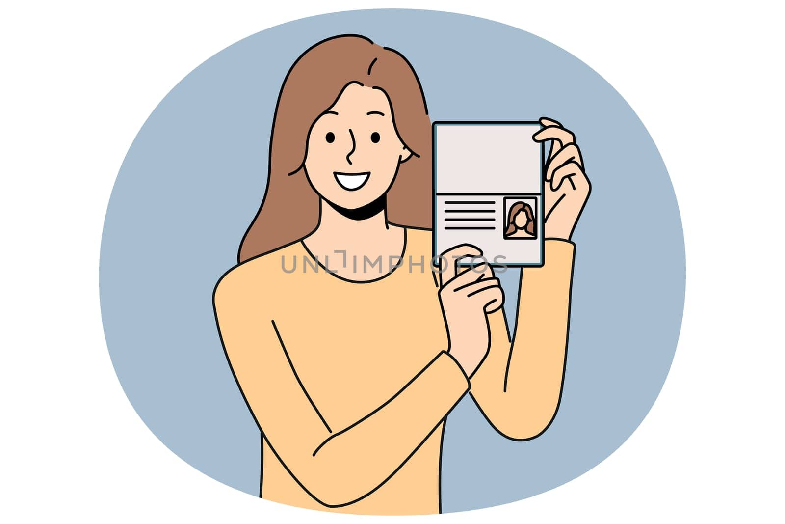 Woman demonstrates passport, rejoicing at receiving first id document or new citizenship after relocation. Dvushka kopeck piece with passport trying to get access to security room in office