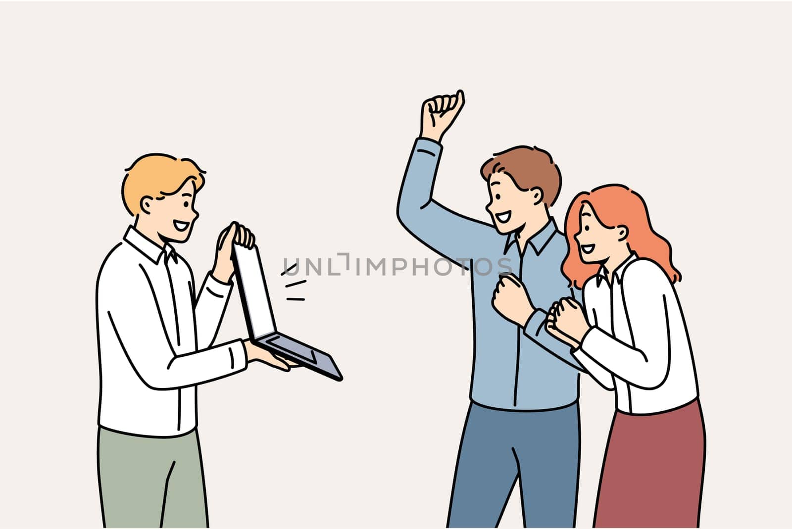 Overjoyed team of business people motivated for success looks at laptop and celebrates excellent result. Manager shows computer to two clerks rejoicing over fulfillment of corporation business kpis