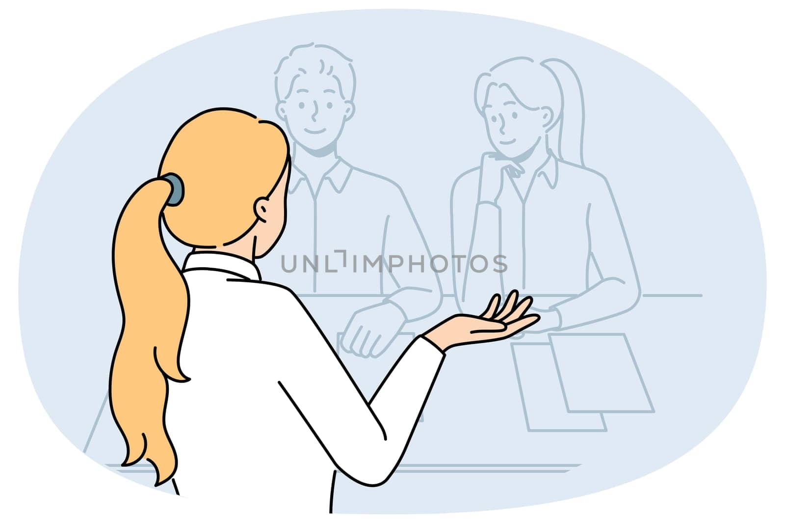 Woman in interview sitting at table with two recruiters, wanting to get new job with big salary and insurance. Girl talks about virtues to HR specialists during professional interview