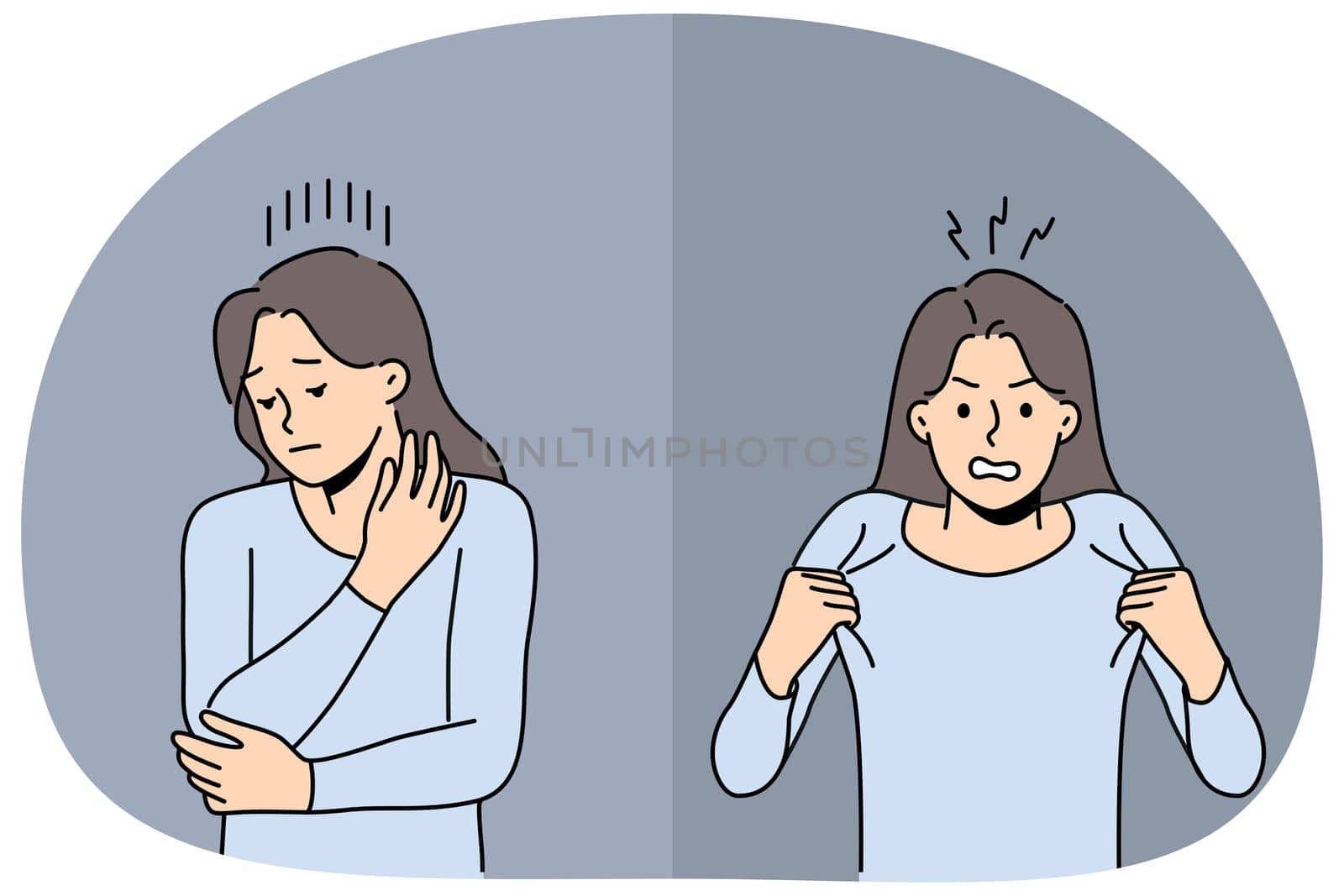 Woman shows anger and insecurity demonstrate emotions after receiving news of boyfriend infidelity. Two girls with different emotions and mental states need psychological support service