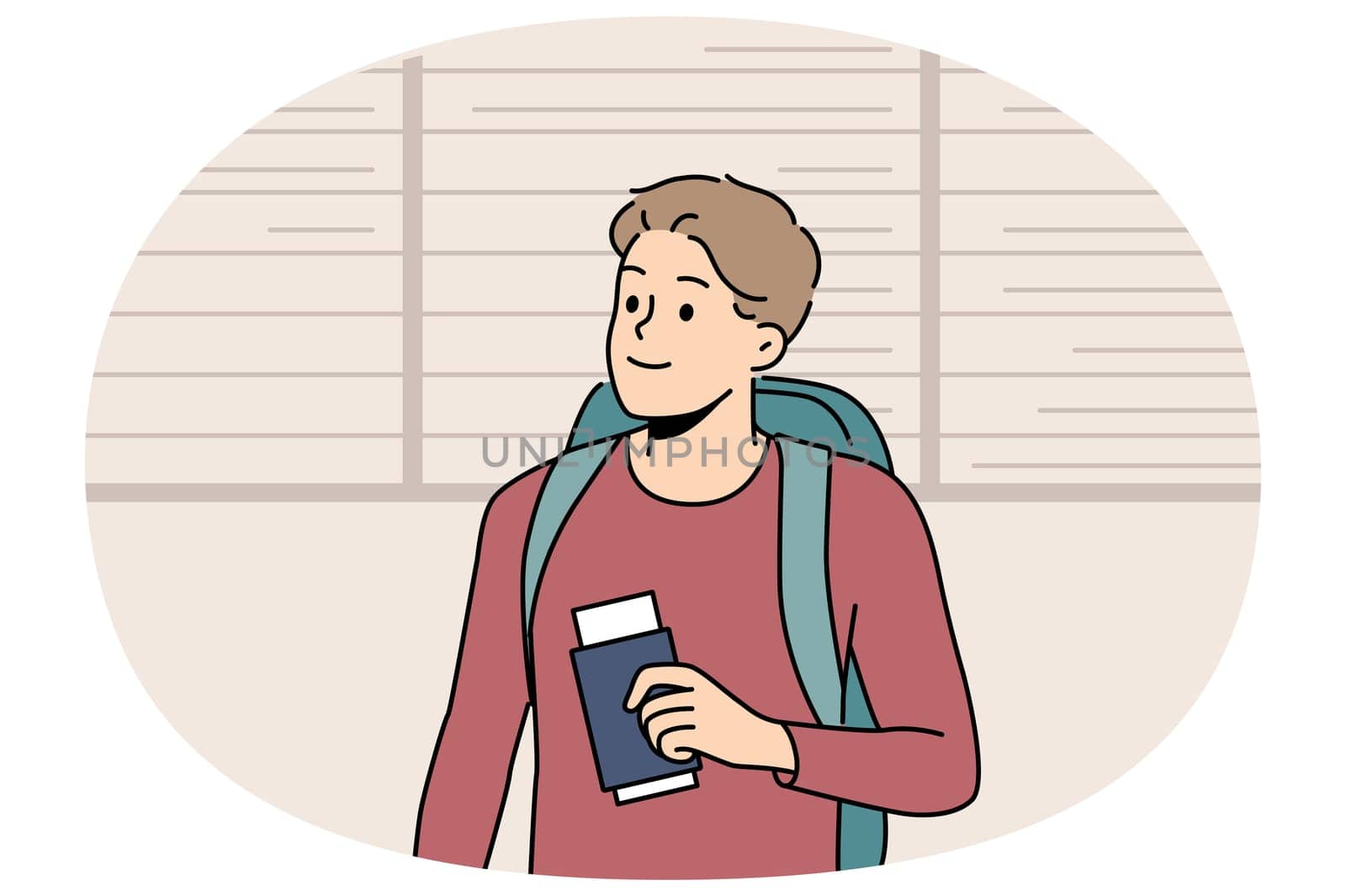Man tourist stands at airport near board of upcoming flights and holds passport and plane ticket. Guy passenger of airport with backpack behind back is going on trip and waiting for flight
