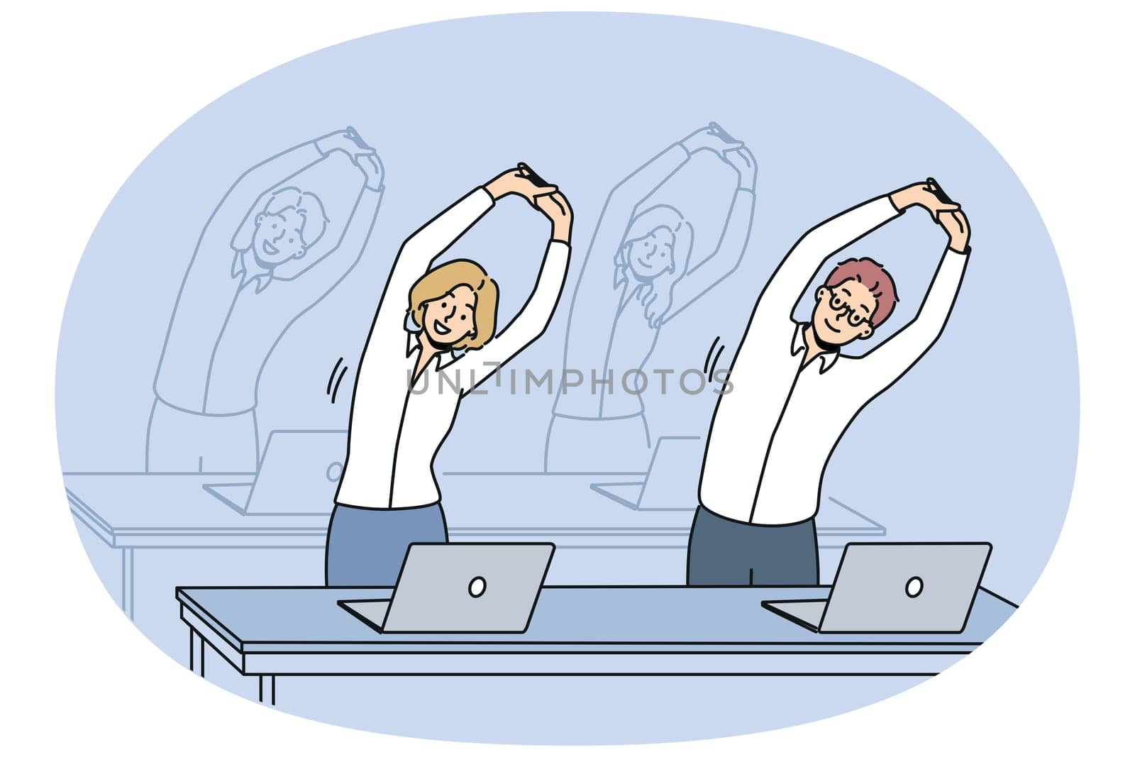 Office workers do exercises standing at workplaces and stretching arms up. Business men and women doing office fitness to increase work productivity or fight diseases associated with sedentary work