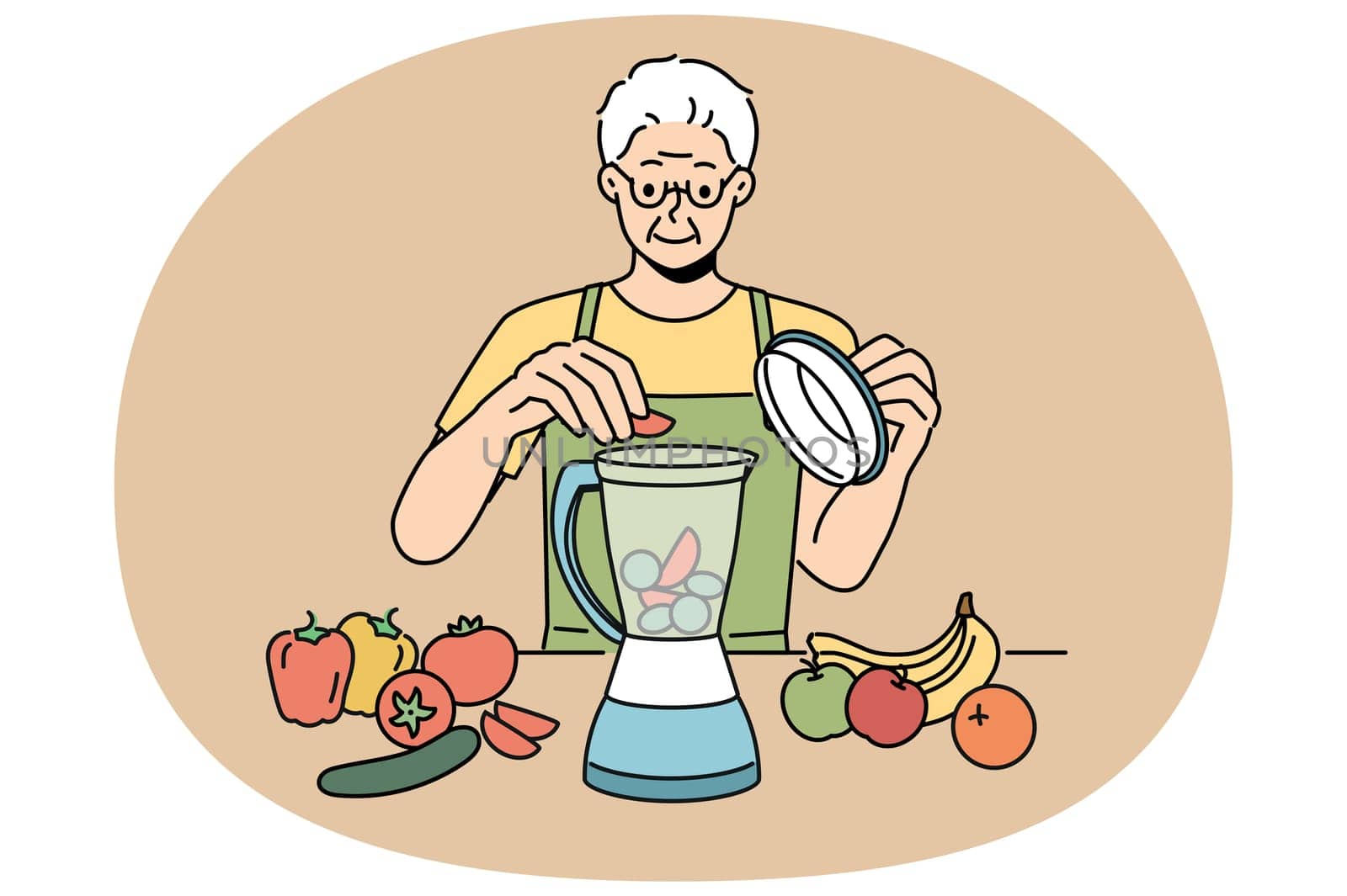Elderly man uses blender and prepares smoothies from fresh fruits and vegetables in order to stay healthy. Retired man prepares smoothies and follows vitamin diet prescribed by nutritionist doctor