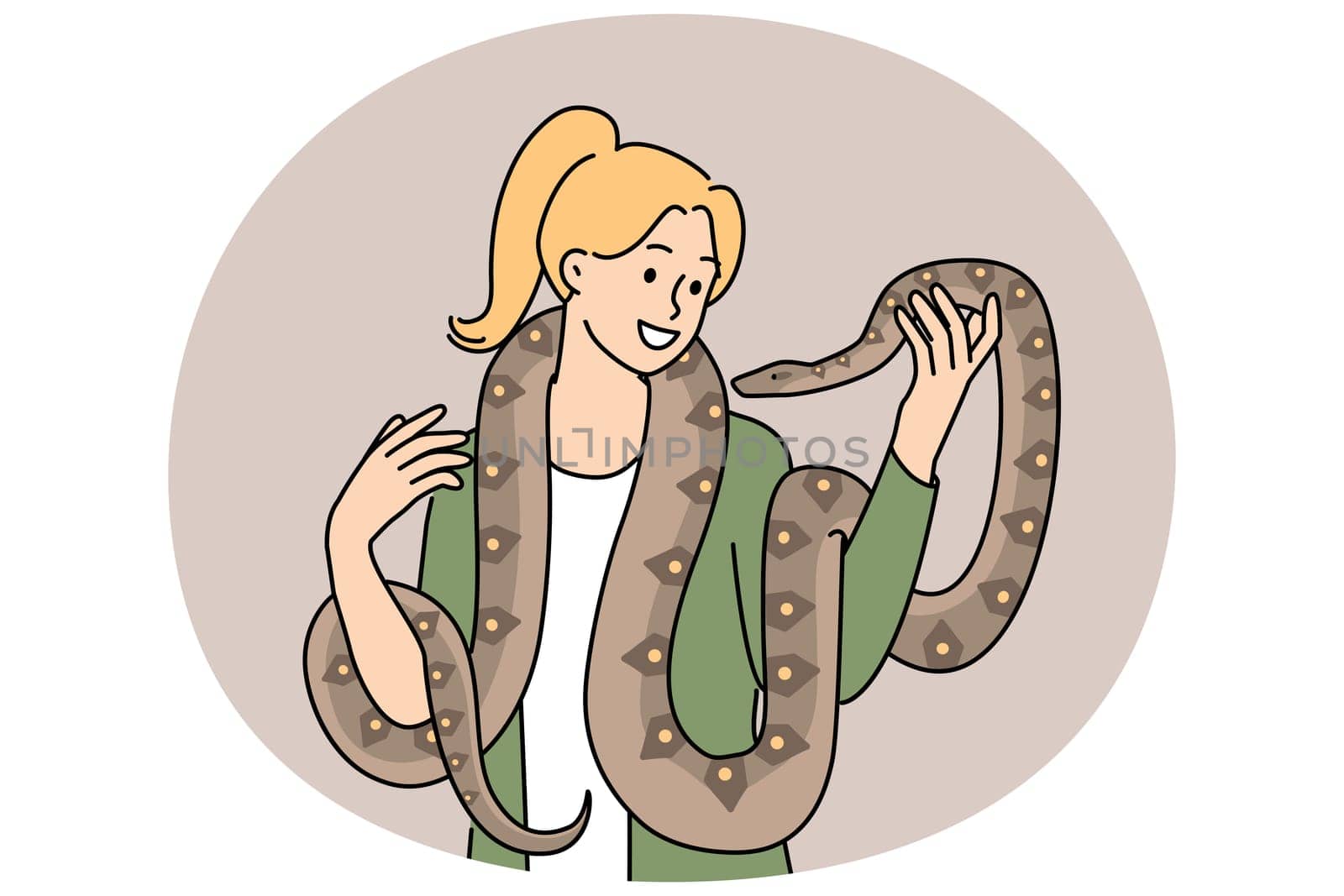Woman with long snake around neck smiles enjoying communication with beloved pet boa constrictor. Girl holds dangerous predatory snake and does not feel fear at sight of poisonous python