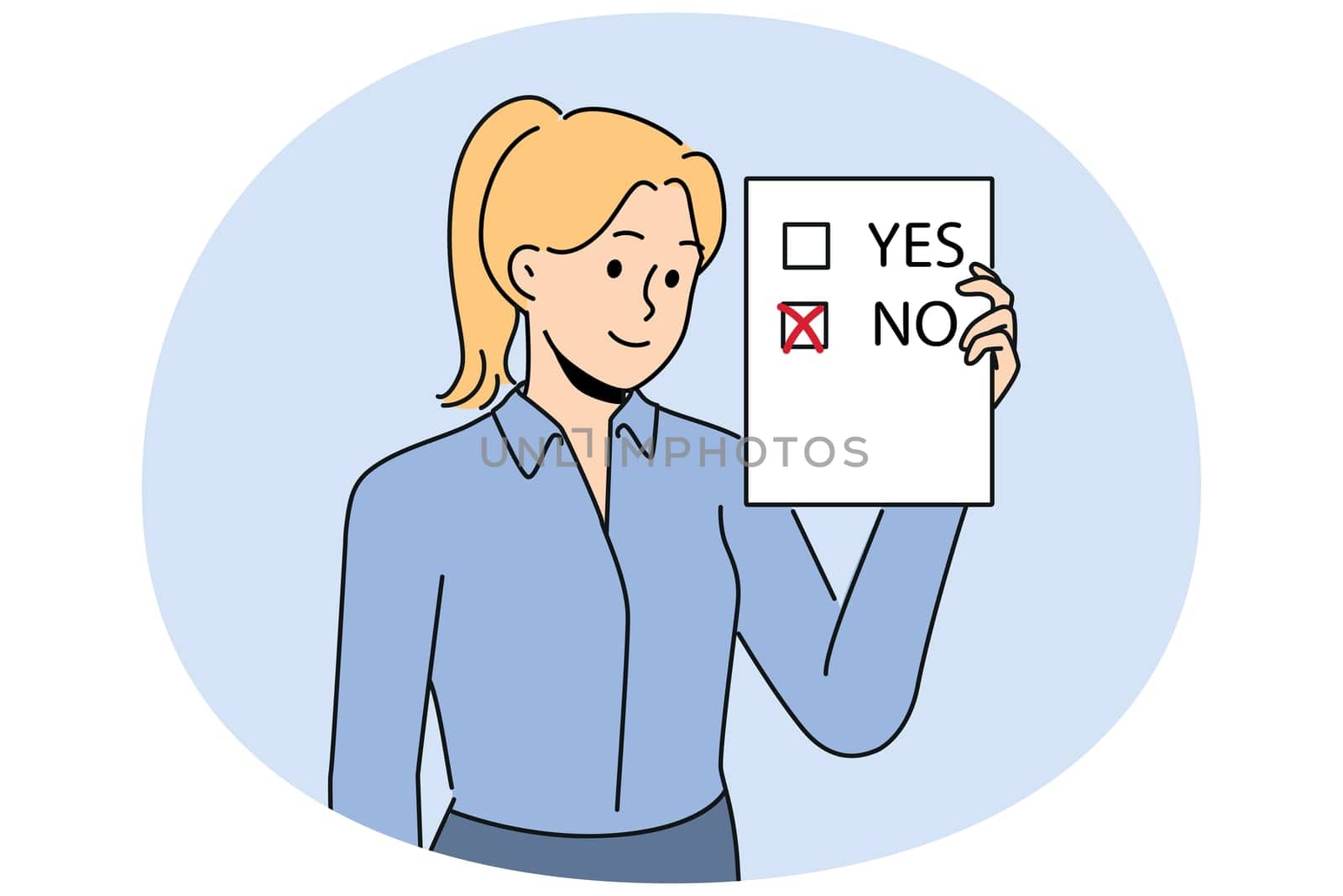 Woman voter demonstrates ballot for presidential elections or referendum with chosen answer no. Voter holds questionnaire designed to survey population on socially important topics.