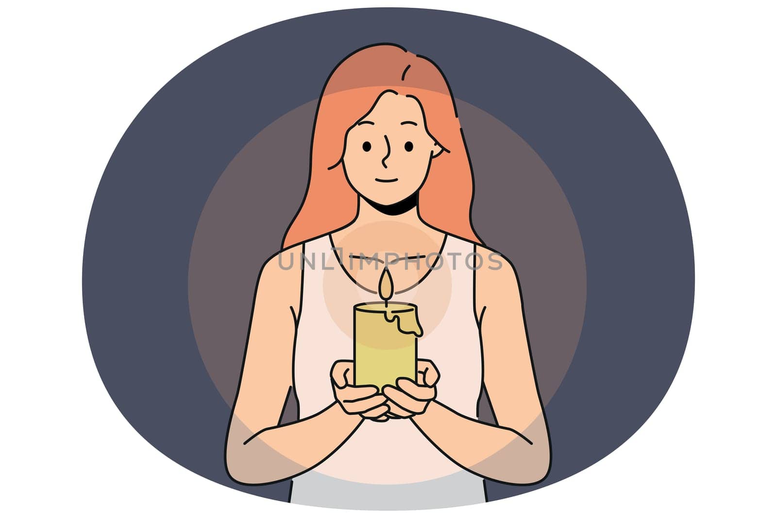 Woman with candle in hands looks at fire, performing religious ritual or seance. Positive girl holding candle to light way in dark due to power outage in house or broken lighting fixtures