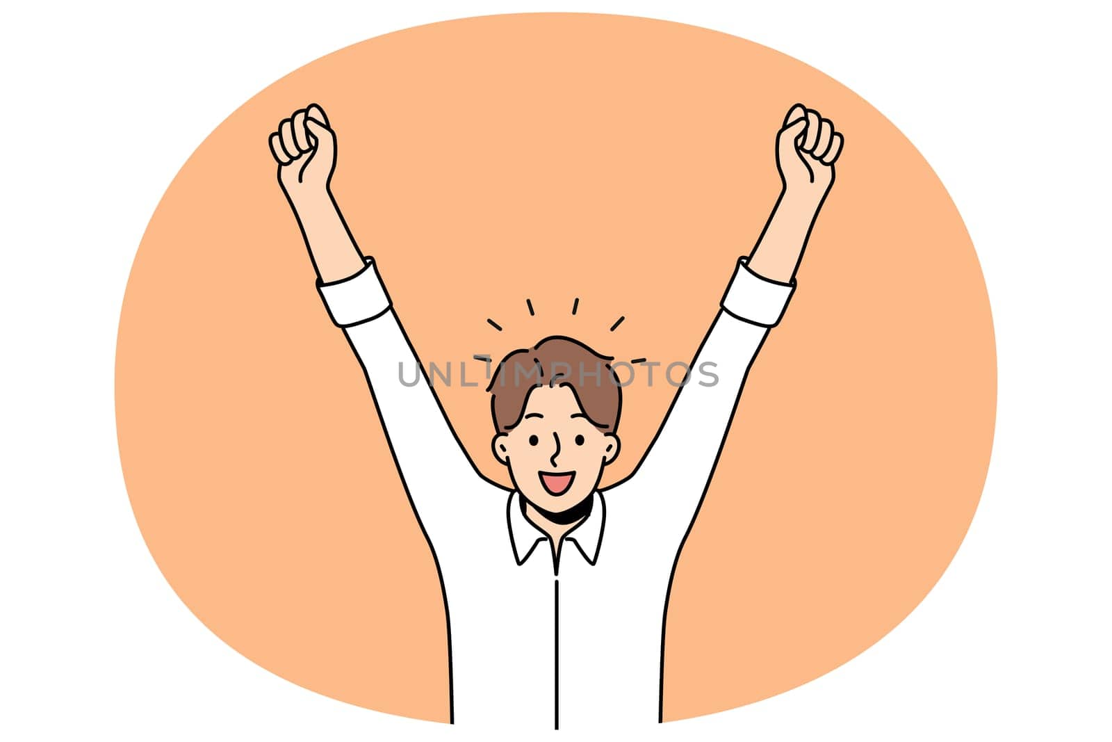 Delighted man celebrates victory by raising hands up and rejoicing in career achievements or end working day. Business man shouts with smile and is delighted with amazing news promising income growth
