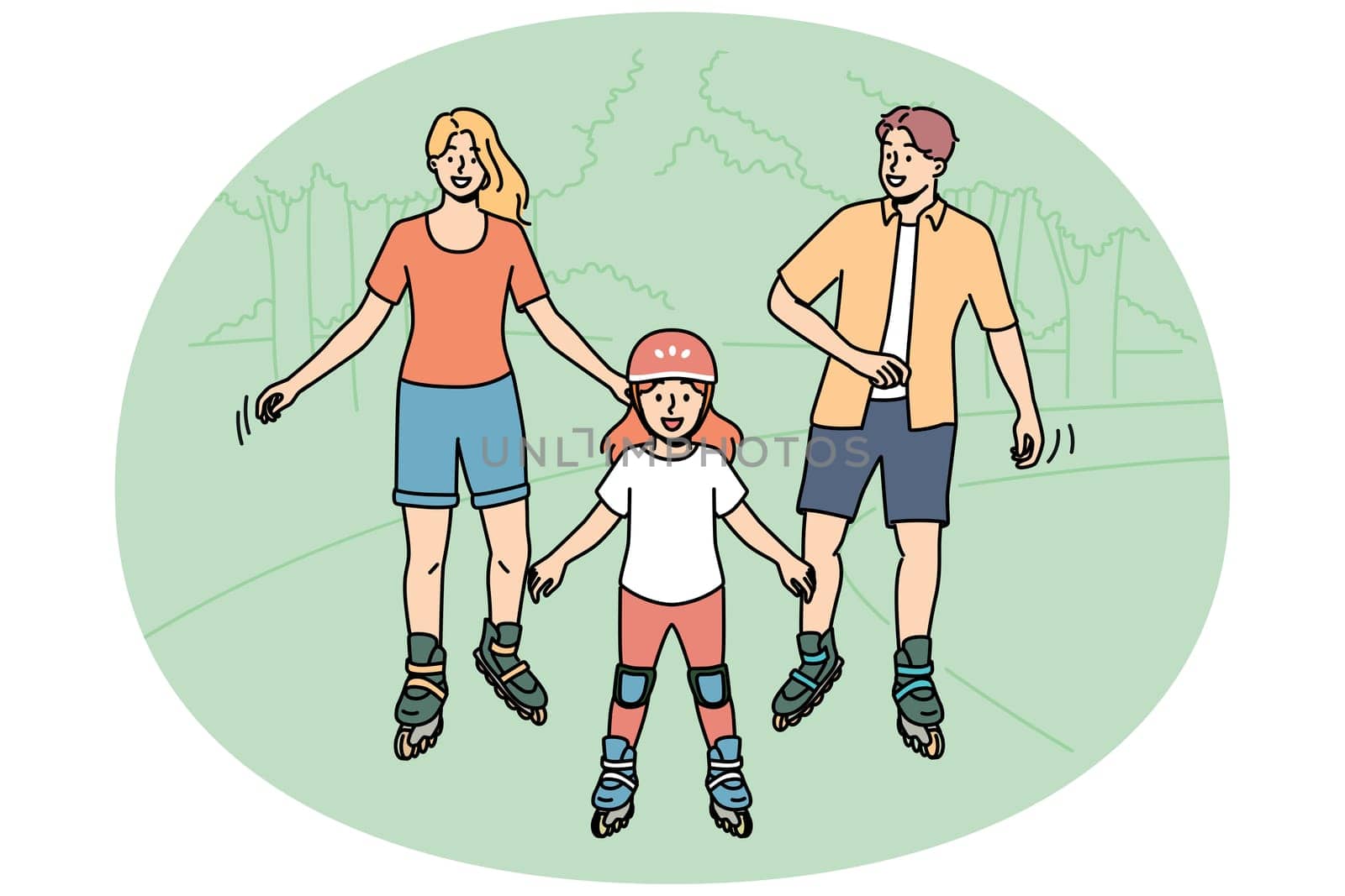Happy family roller skating in park enjoying joint activity on nature in warm summer weather. Little girl roller skating and laughing together with mom and dad during outdoor recreation