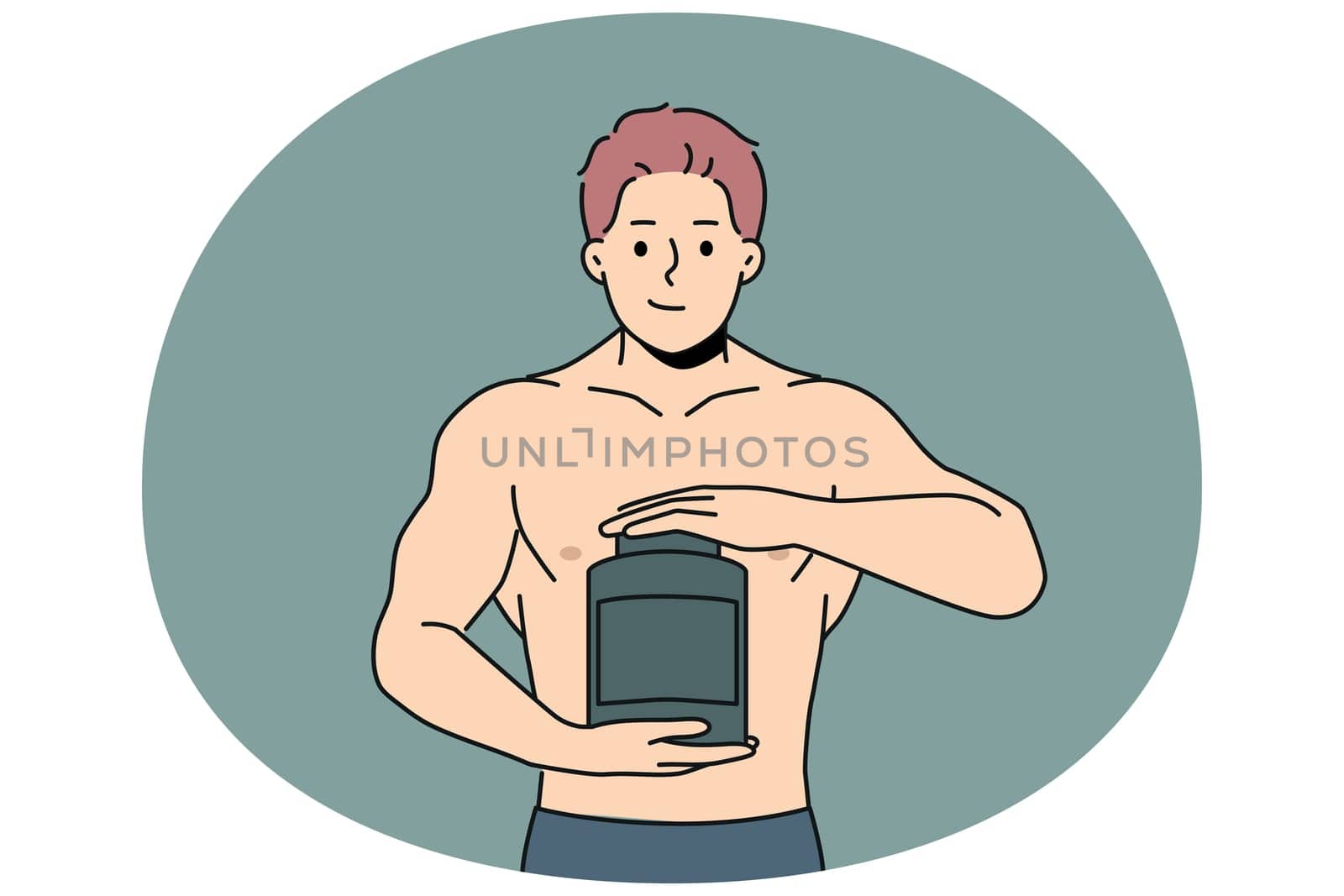 Muscular man holds jar of protein and recommends taking sports nutrition while doing bodybuilding. Strong guy with big muscles on arms takes protein to achieve outstanding result from training.