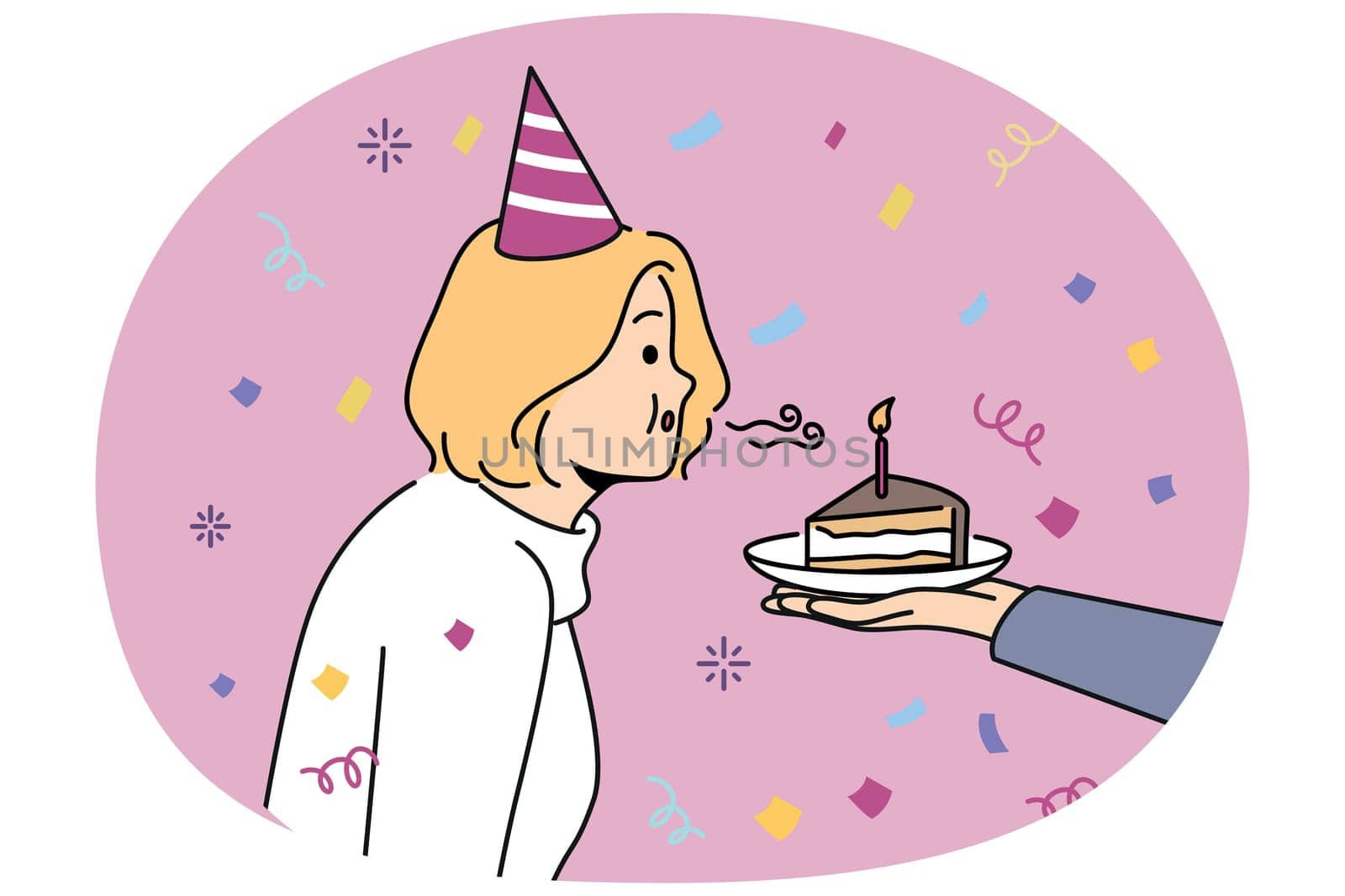 Birthday woman blows out candle on piece of cake celebrating anniversary and making cherished wish. Girl in birthday hat stands among confetti celebrating day of angel and dreaming about future