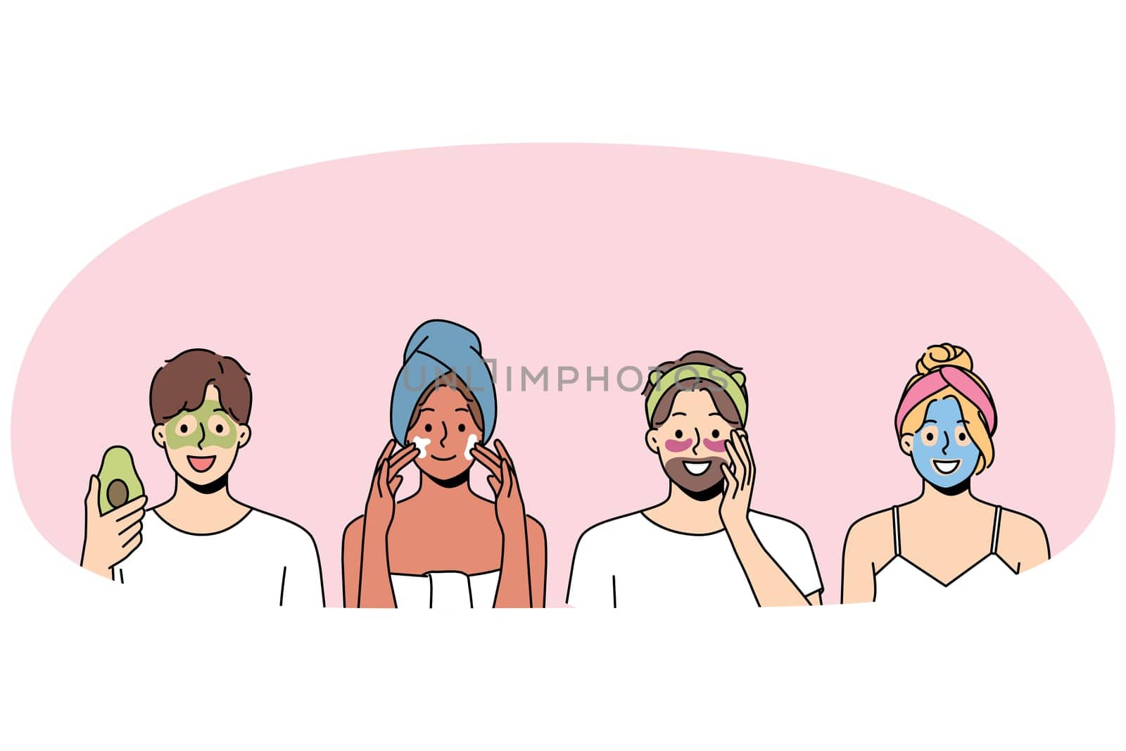 People with beauty masks on faces use organic creams to get rid of wrinkles and rejuvenate skin. Man and woman apply hygienic beauty masks, wanting to remove bruises under eyes or acne