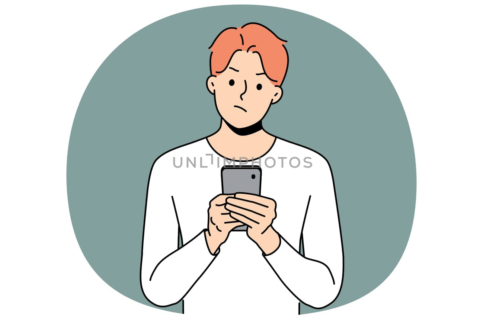 Pensive man with phone received warning text message with threat or bad news about storm warning. Confused young guy with disbelief reads spam sms in smartphone being skeptical about sender