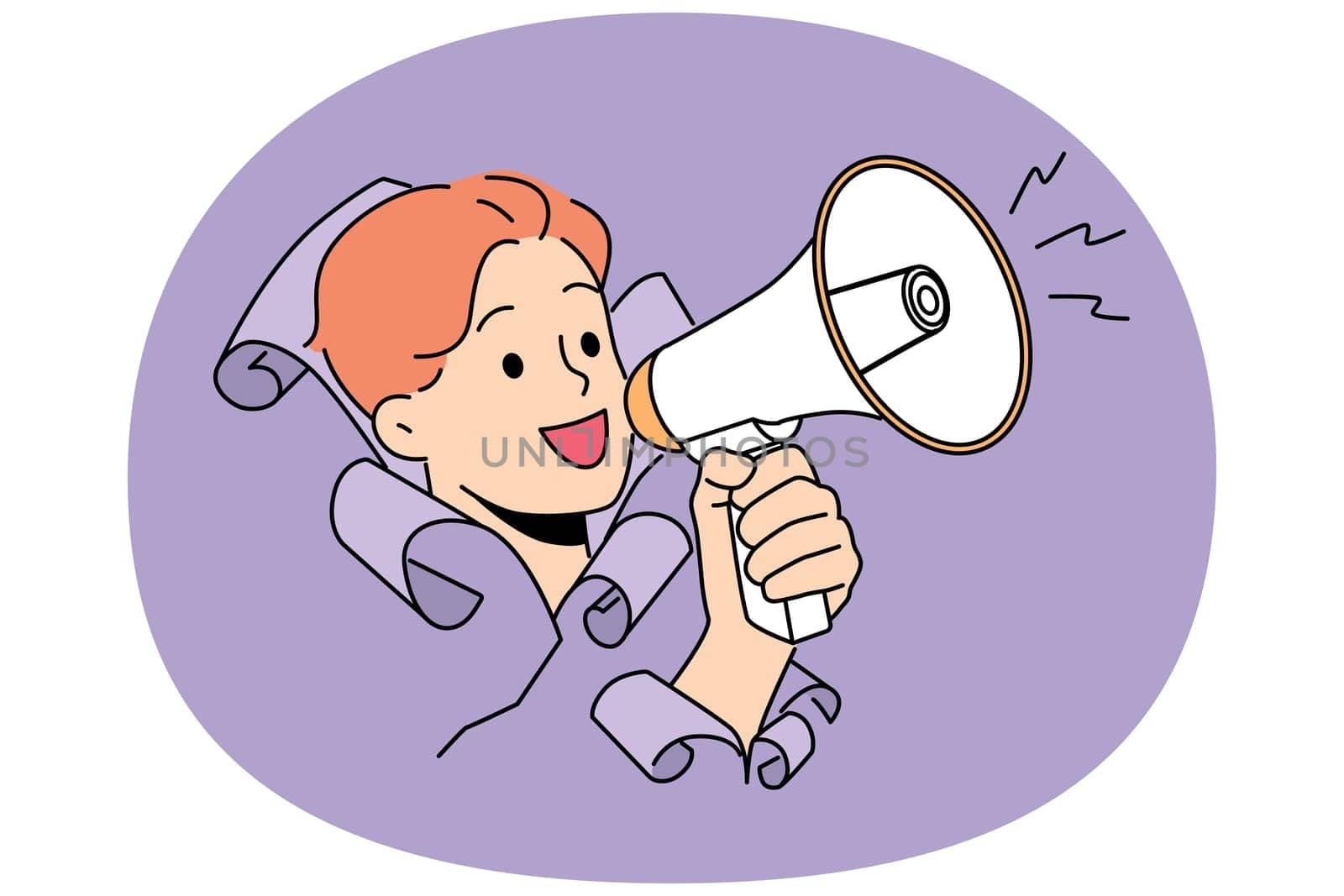 Man shouts into megaphone, sticking head out of hole in paper and calling for attention to advertising campaign. Guy with megaphone in hand symbolizes activism in order to draw attention to problems
