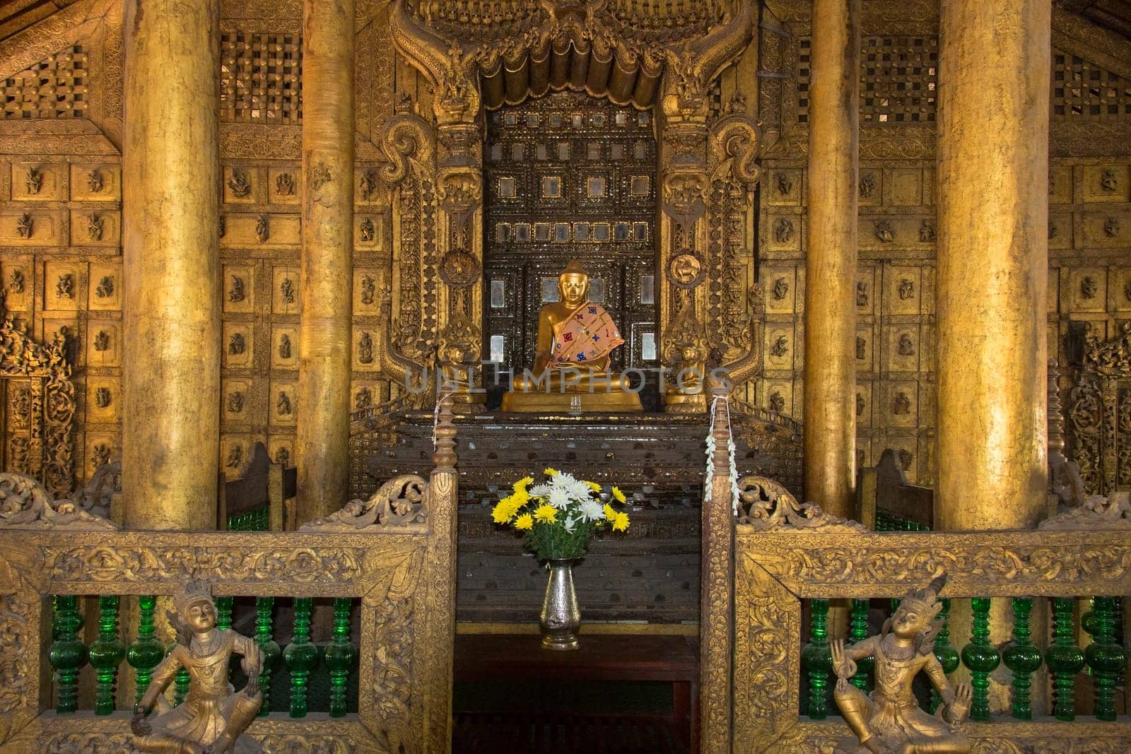 Interior of the 19th century Shwe Nandew Buddhist Monastery in Amarapura near Mandalay in Myanmar (Burma).