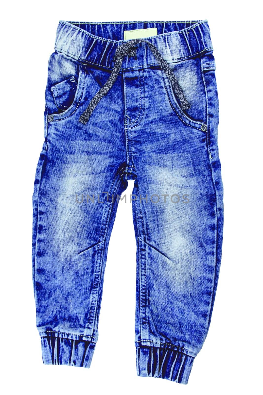 Jeans isolated. Trendy stylish blue denim pants or trousers for child boy isolated on a white background. Clipping path. Jeans winter and autumn fashion.