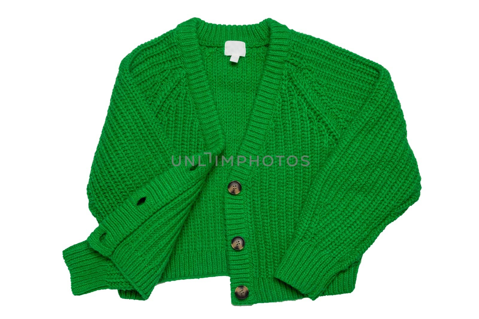 Casual elegant fluffy long-sleeved cardigan with V-neck and button closure isolated on a white background. Womens green sweater or jumper. Autumn and winter fashion.