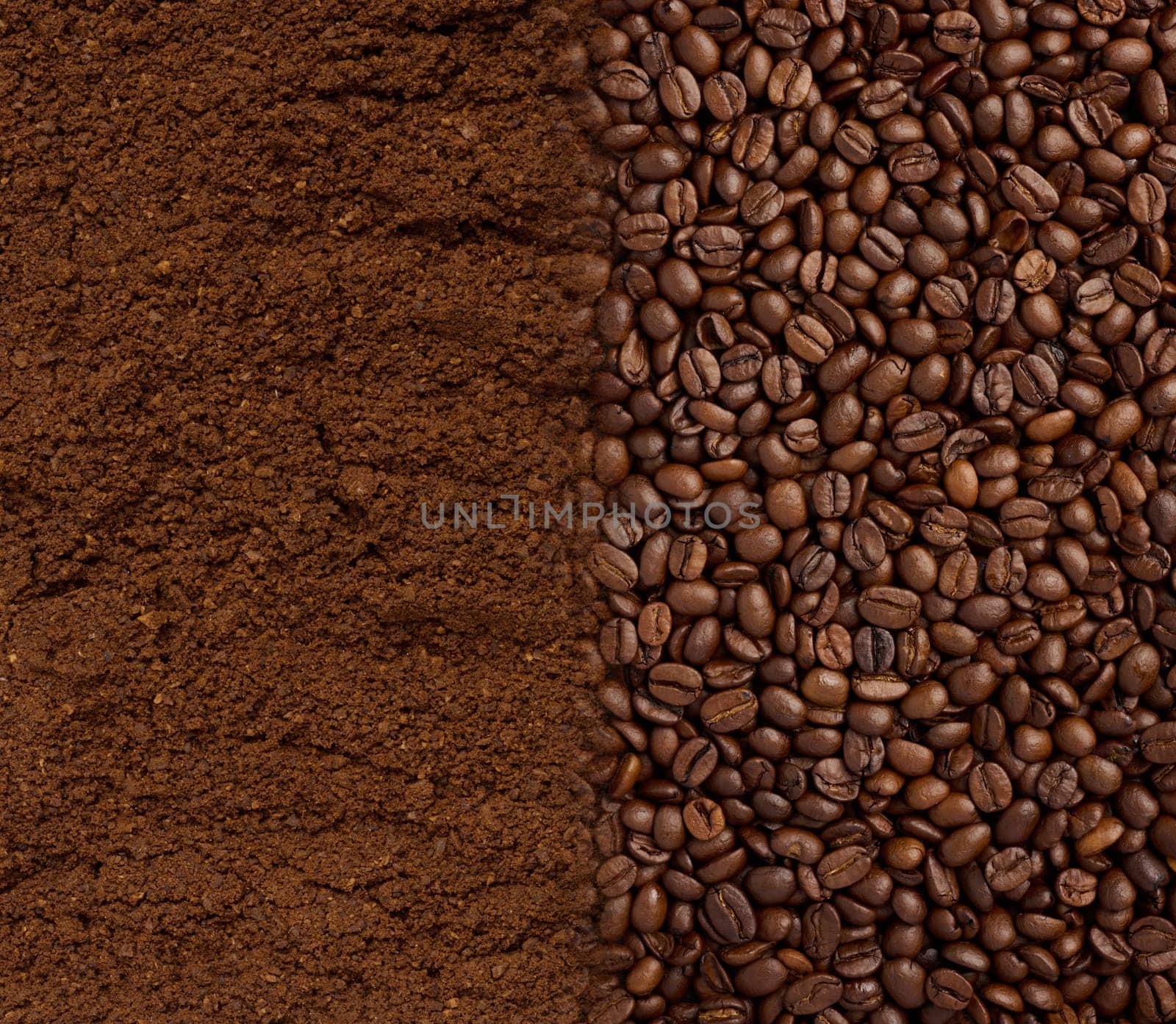 Roasted black coffee beans and ground coffee, full frame. Close up