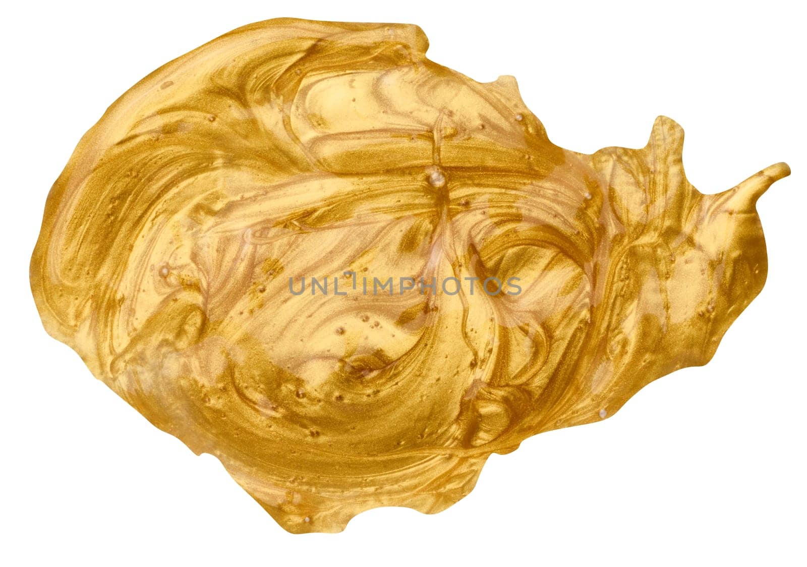 Sample of golden liquid lipstick with glitters, substance isolated on white background, close up