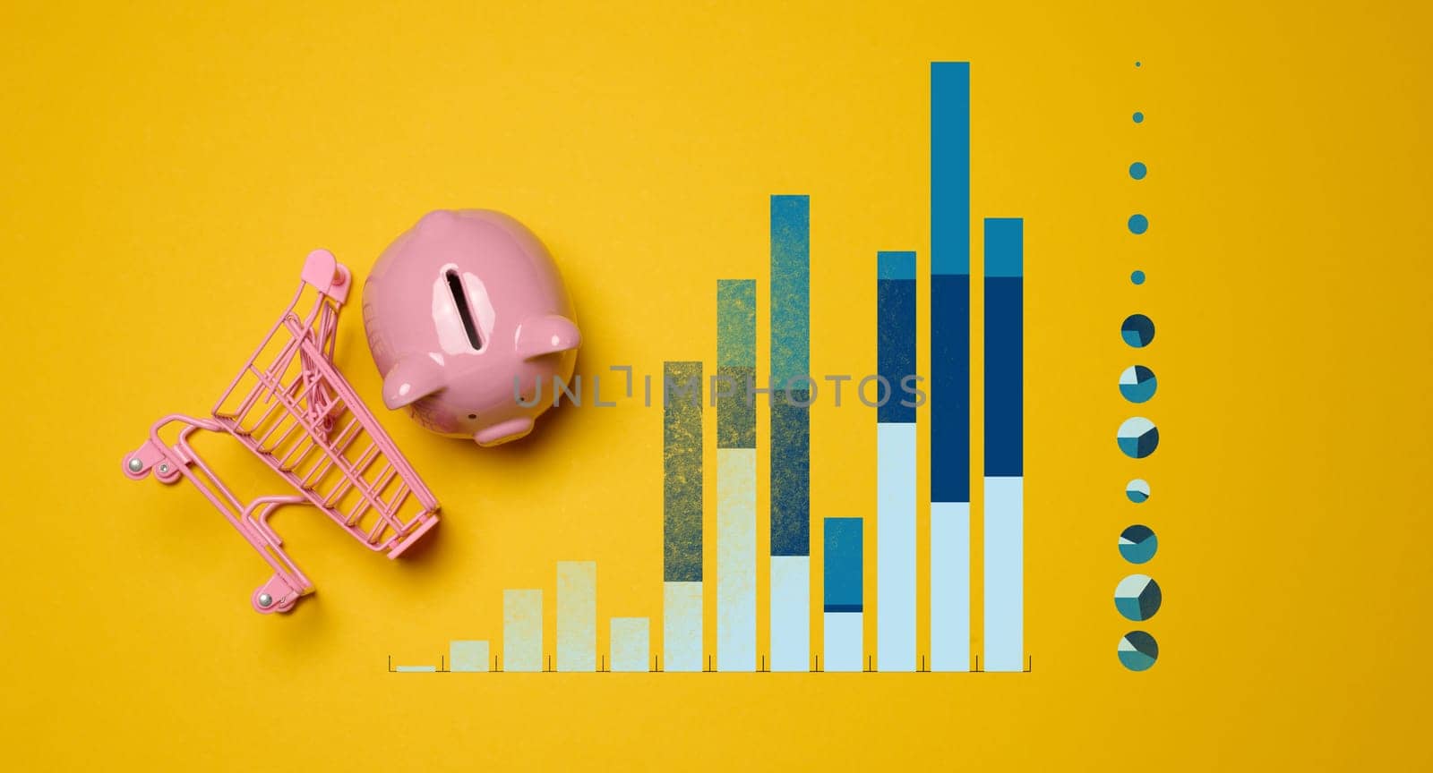Ceramic piggy bank and graph with growing indicators on a yellow background