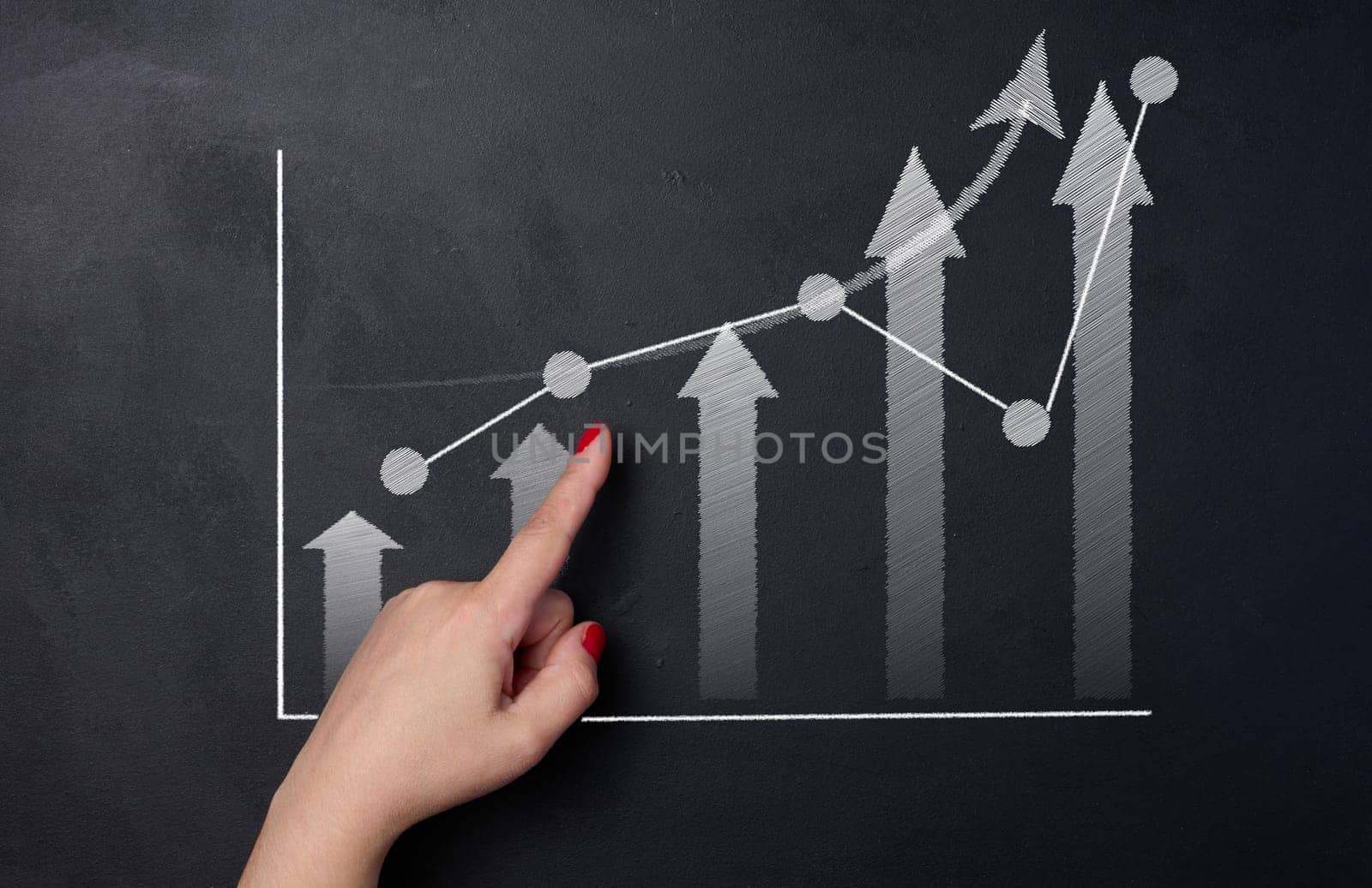 White chalk drawn graph columns and up arrow, indicator growth concept