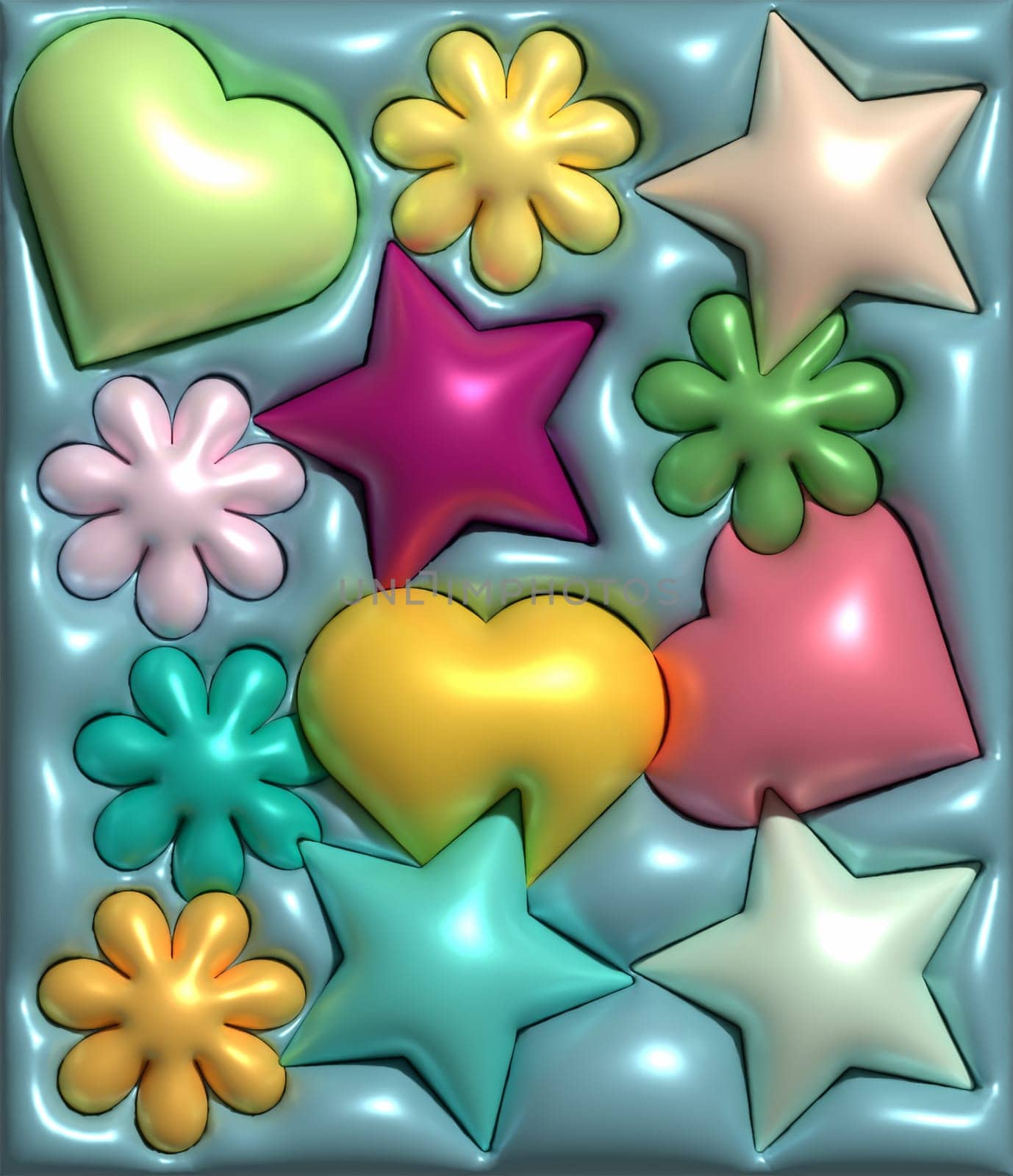 Inflated stars, hearts on a blue background, 3D rendering illustration