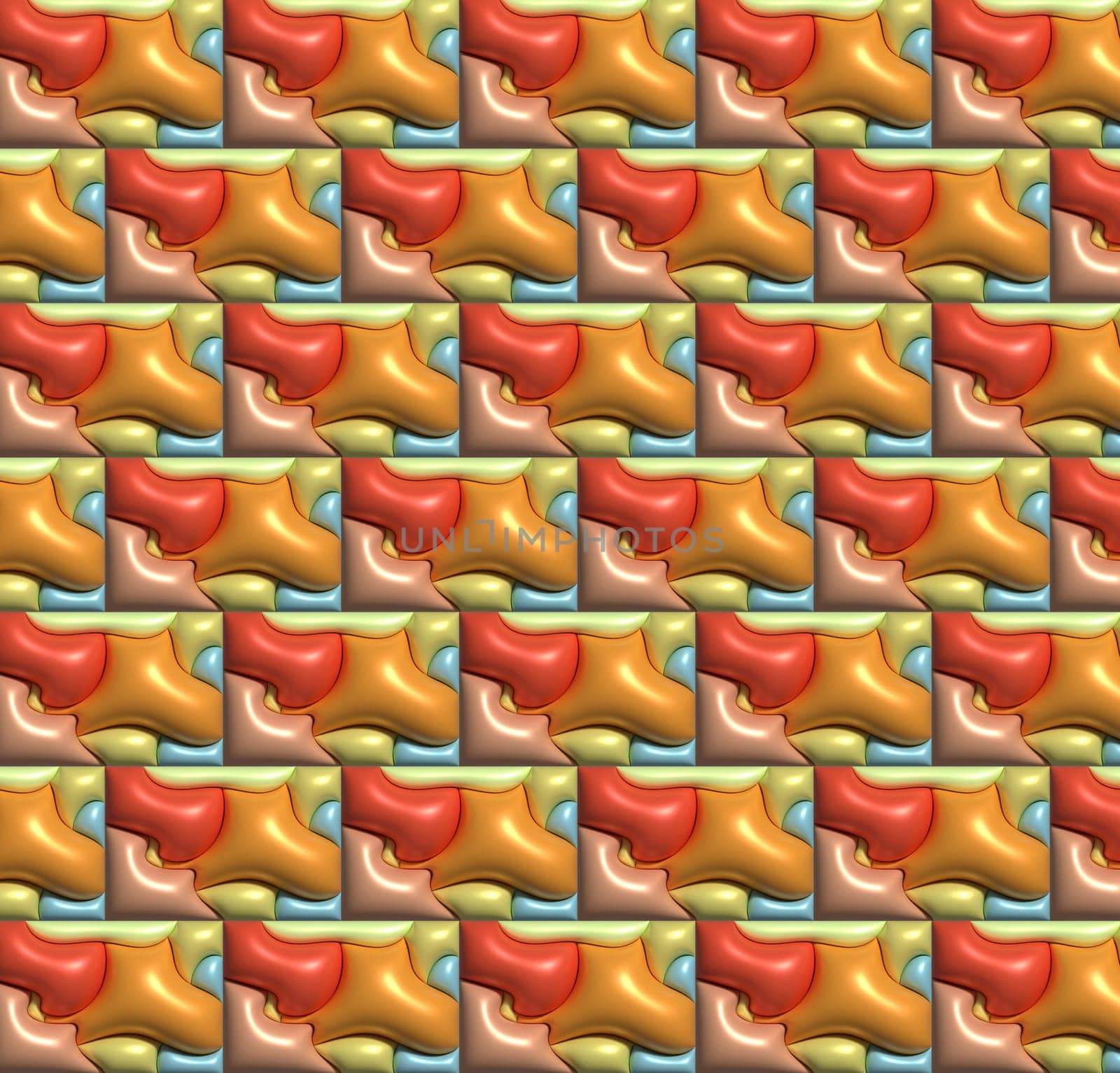 Abstract background with repeating elements in the form of inflated shiny soft various shapes, 3D rendering illustration