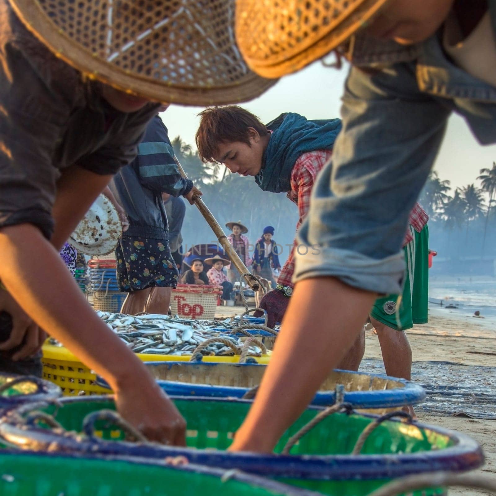 Fishing village at dawn on Ngapali Beach near Thandwe in Rakhine State in Myanmar (Burma)