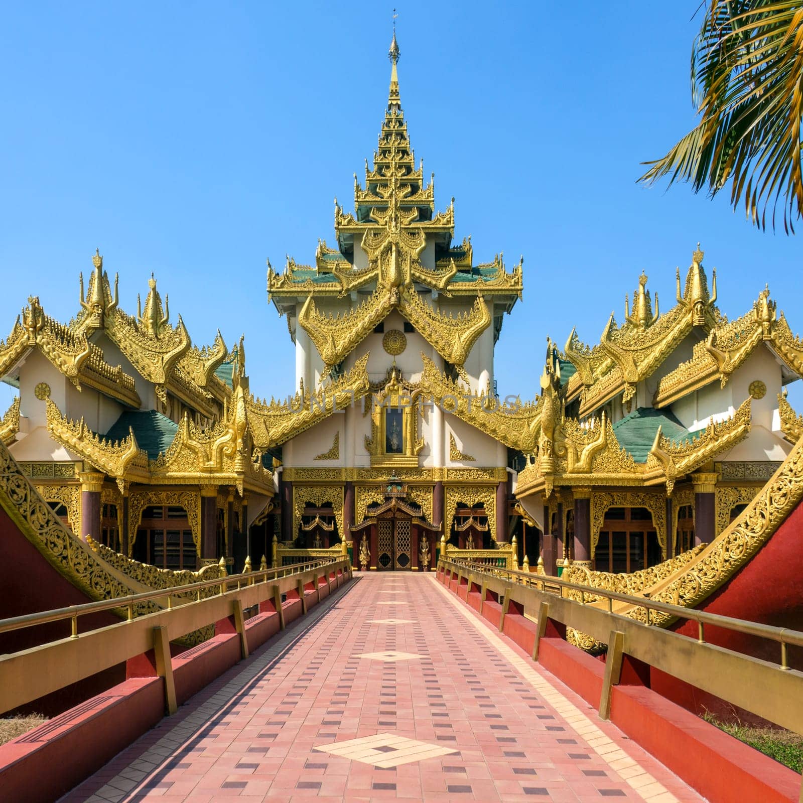 Entrance to the Karaweik Palace. This is a replica of a Burmese Royal Barge on Kandawgyi Lake in Yangon in Myanmar. Although a national landmark it now houses a restaurant.