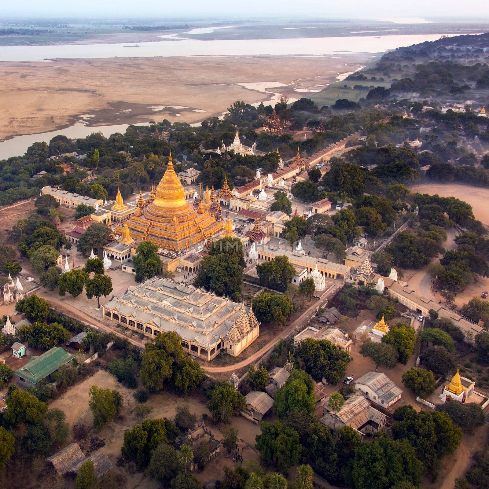 An early morning aerial view of the Shwezigon Buddhist Temple in the ancient city of Bagan in Myanmar (Burma).