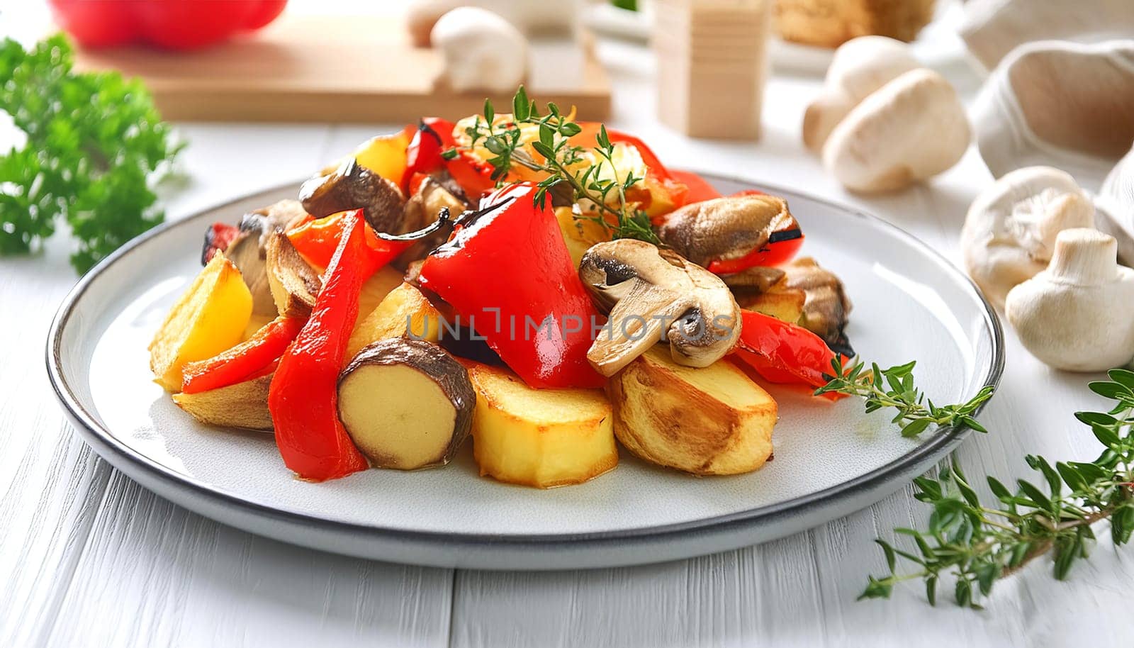 Delicious colorful oven-baked vegetables fresh on the plate.